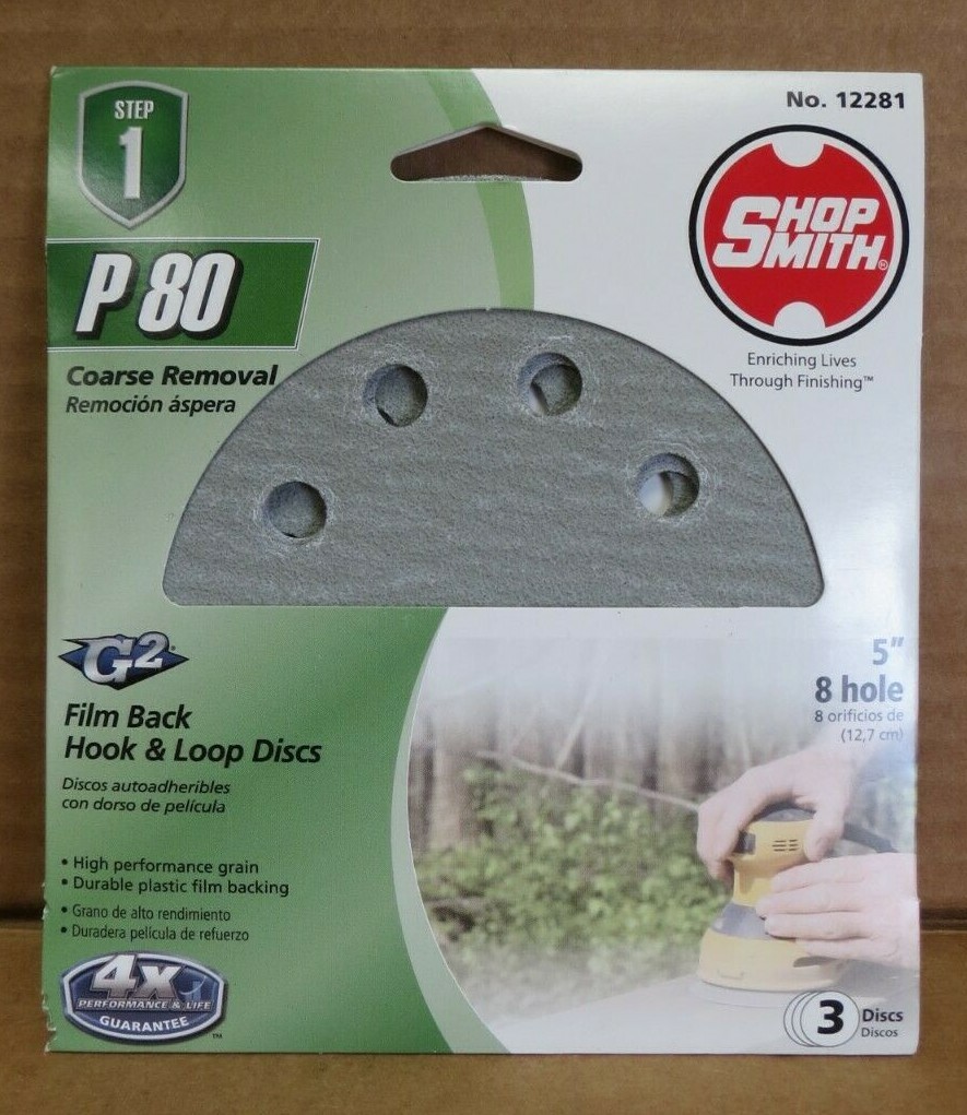 SHOPSMITH 12281 STEP 1 P80 COARSE REMOVAL 5″ 8 HOLE HOOK & LOOP DISCS 3 PACK NEW