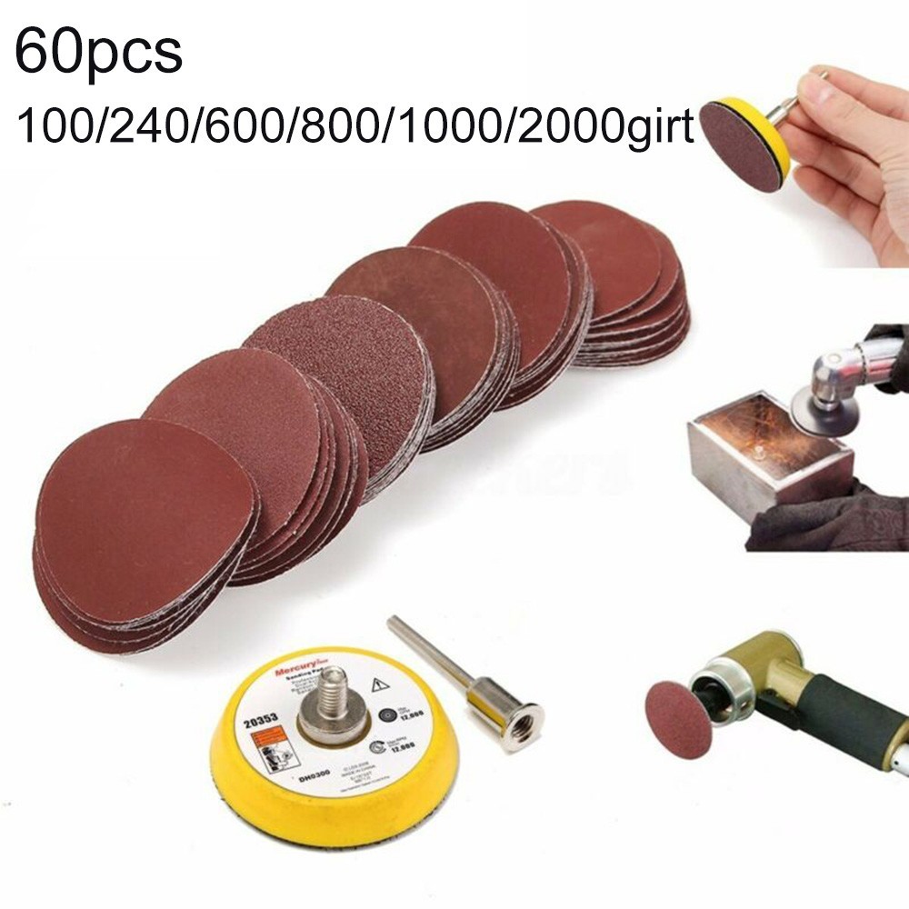 60Pcs 2in Sanding Discs +50mm Hook &Loop Sandpaper Backing Pad 100-2000grit