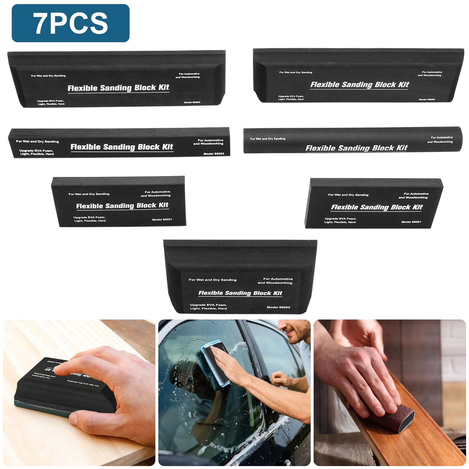 7PCS Flexible EVA Foam Sanding Block Kit Wet Dry Auto Body Wood Sanding Blocks