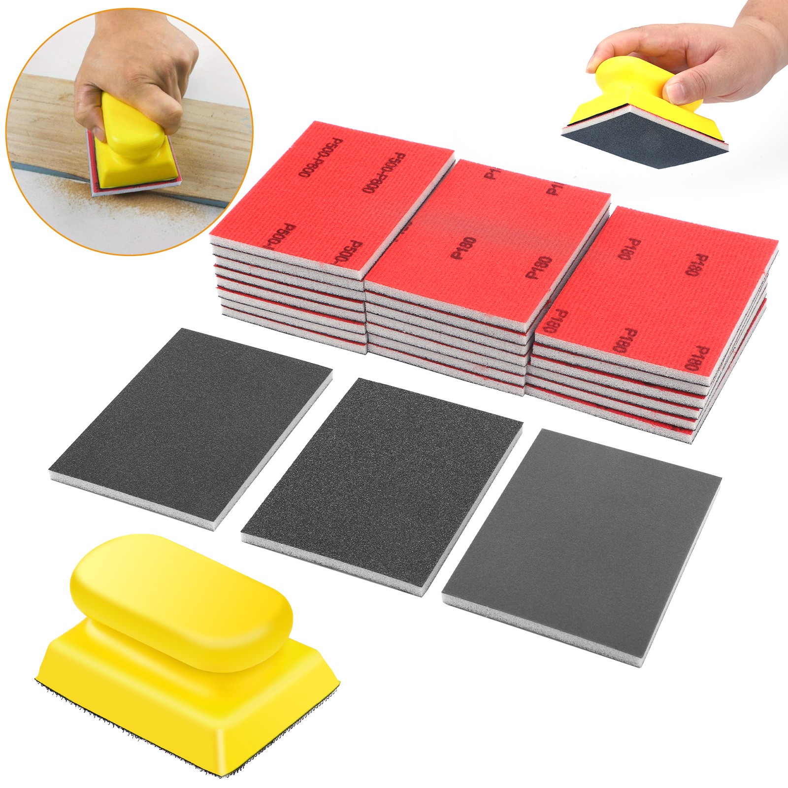 24pcs Sanding Sponge Pads 180-3000 Grit w/ Sanding Block Wet Dry Foam Sandpaper