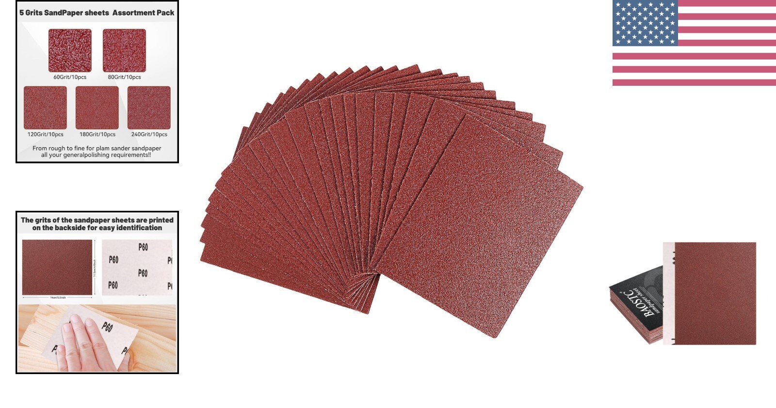 Assorted Grit 1/4 Sheet Sandpaper – 50 Pack, 4.5×5.5 Inches