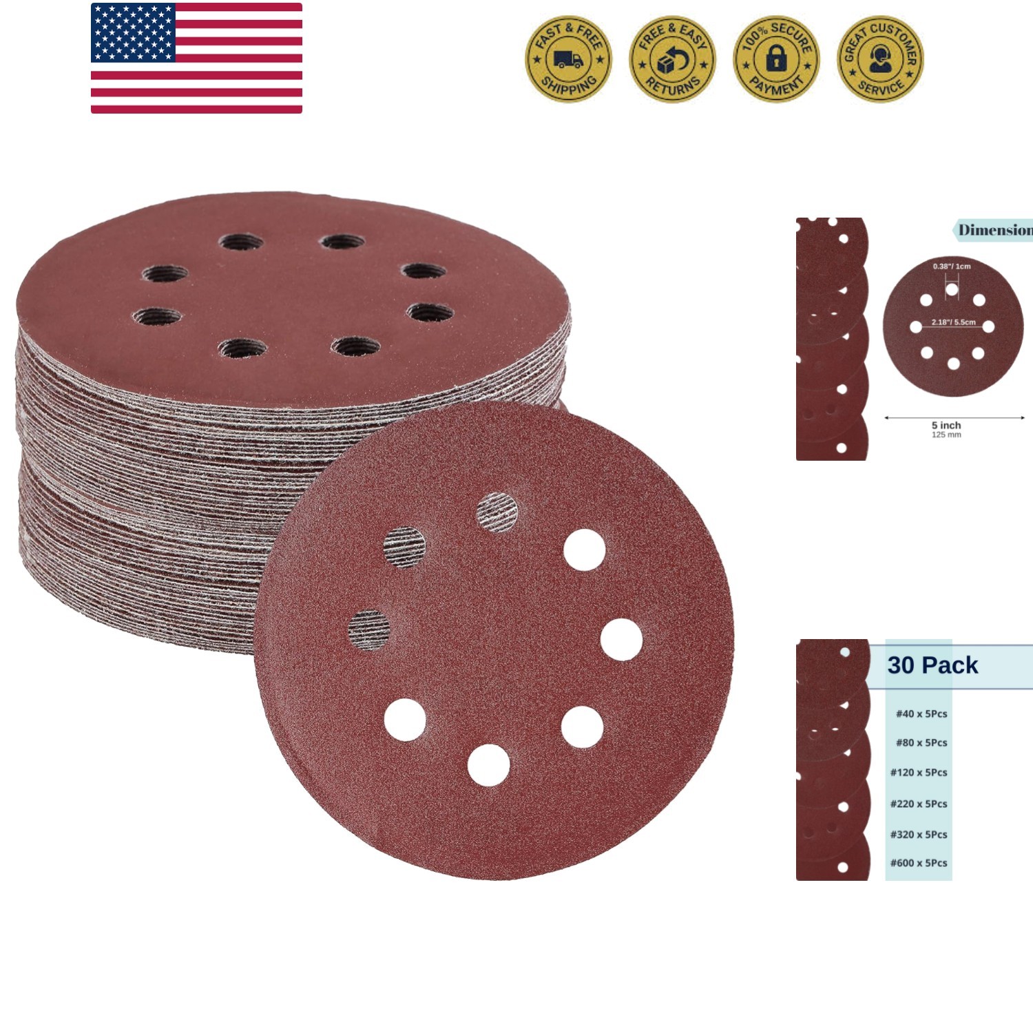 Bates- Sanding Discs 5 Inch 8 Hole, 30 Pack, Assorted Grits 40 80 120 220 320…