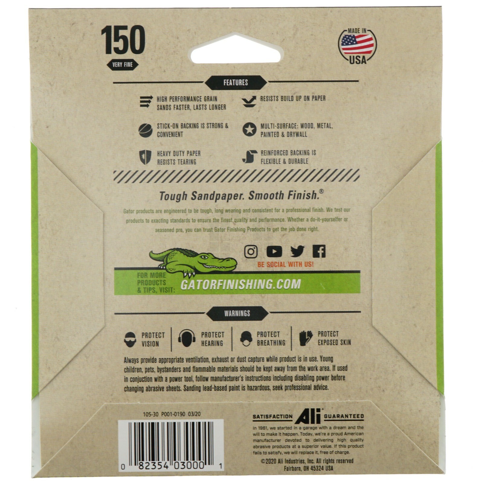 Gator 3000 5″ Stick-On Sanding Discs, 150 Grit, Very Fine, No Holes, 4 Pack