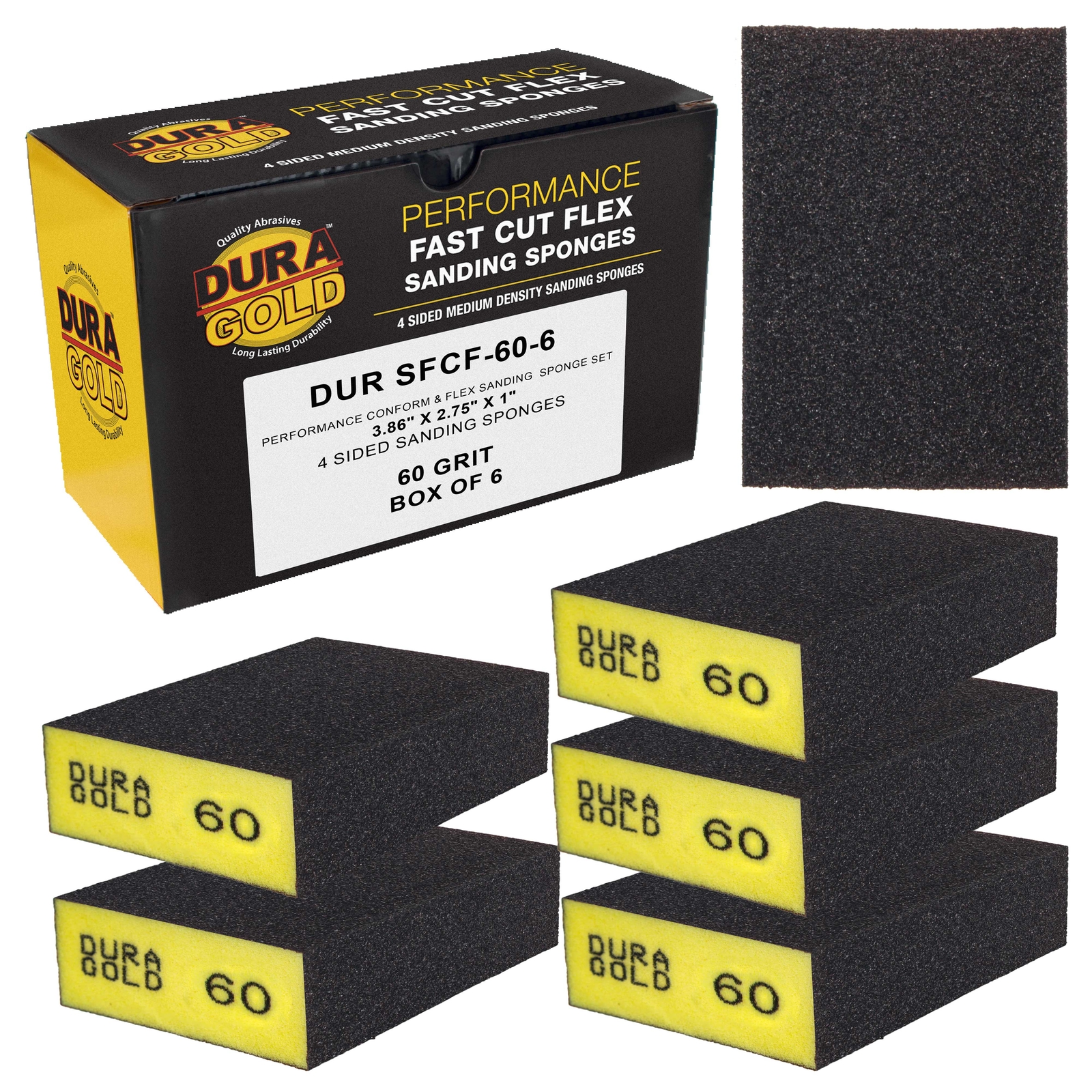60 Grit 4-Sided Hand Sanding Block Sponges, 6/Box – 3.9″ x 2.75″ x 1″ Wet or Dry