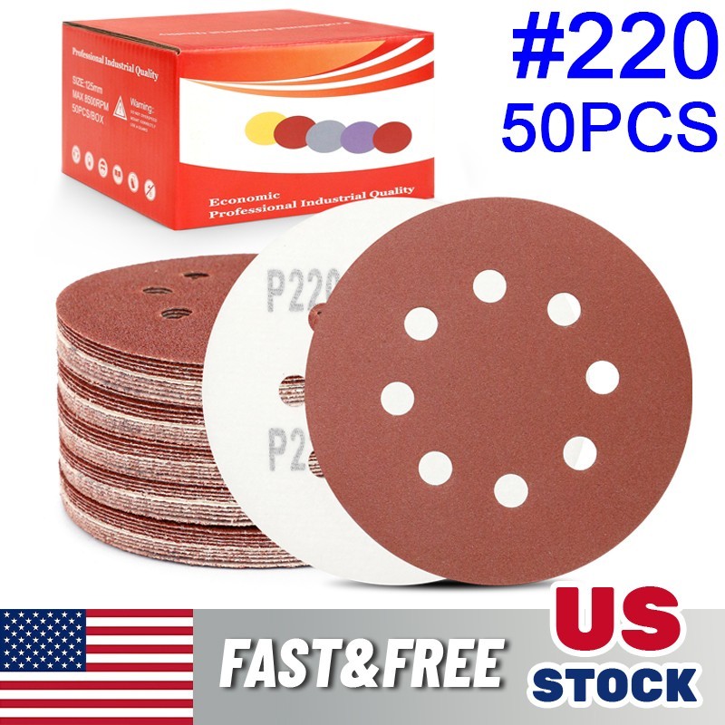Universal 5″ 8 Hole 220 Grit Sanding Disc 50Pc Hook Loop 4 Random Orbital Sander