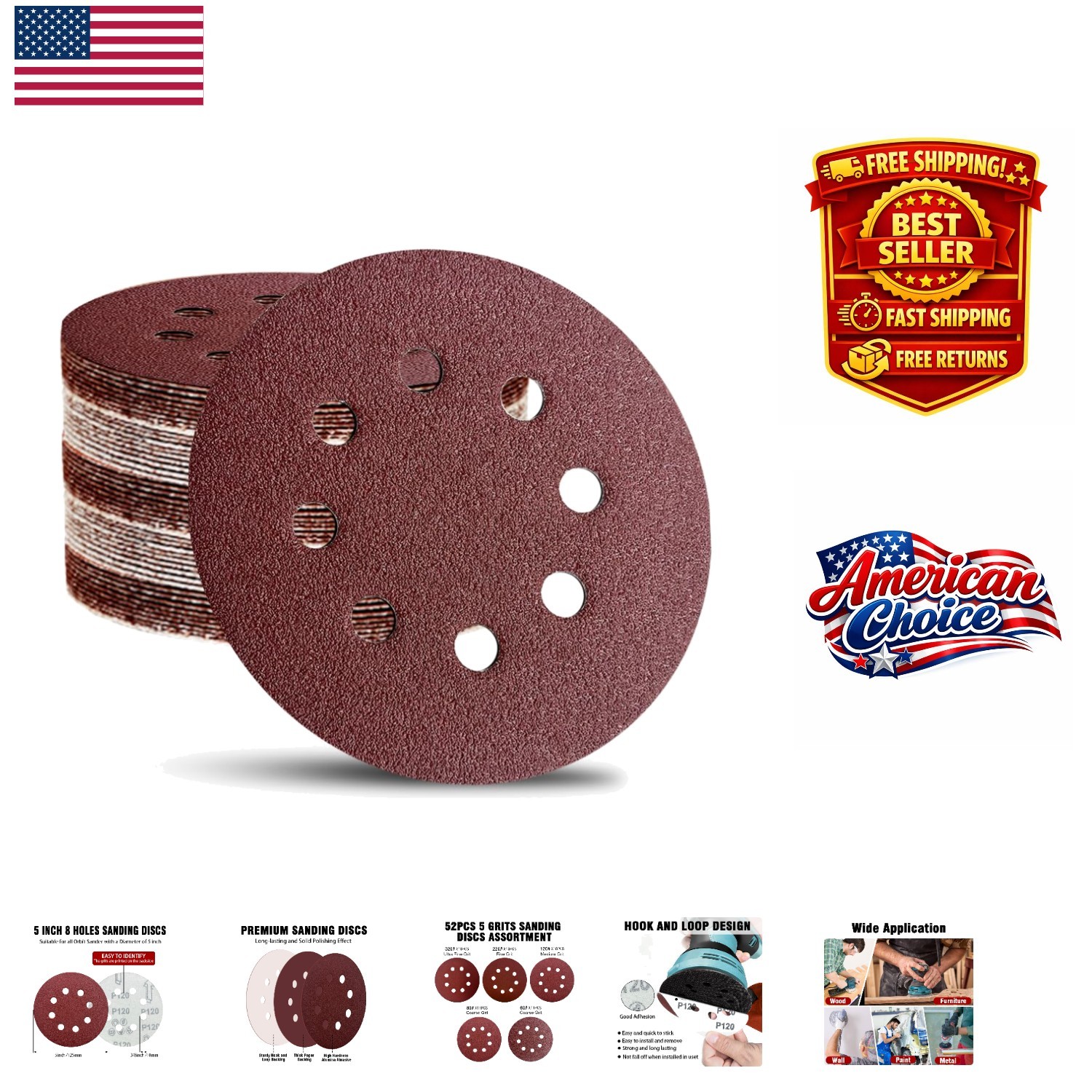 Durable 5-Inch Hook and Loop Sandpaper Discs – 52-Pack for Smooth Finishes