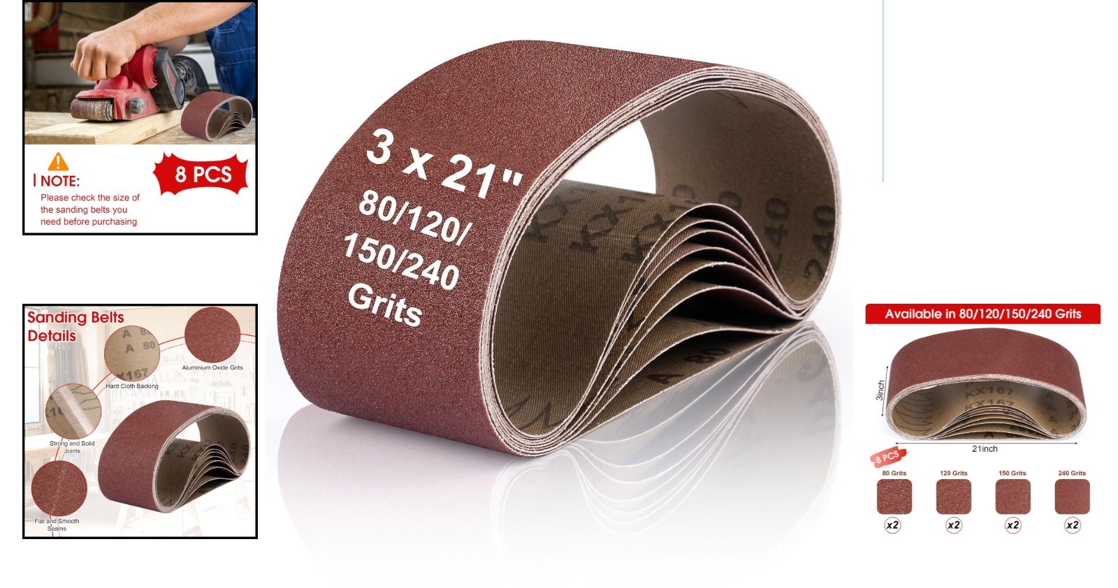 Versatile 8 Pcs 3×21 Sanding Belts with Aluminum Oxide – Ideal for Woodworking