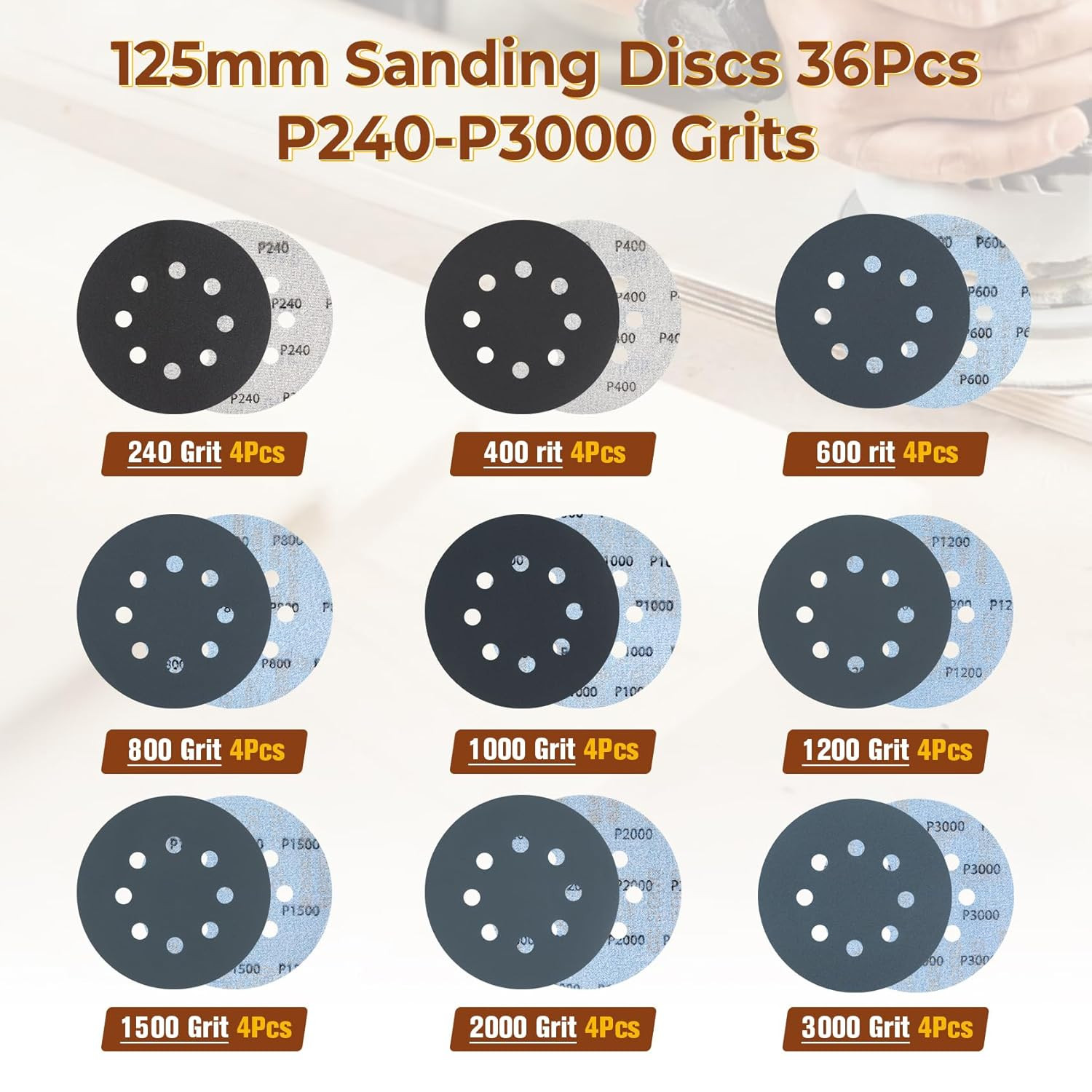 36-Piece Hook and Loop Sanding Discs Set 125Mm 5-Inch 8-Hole Sandpaper Include 2