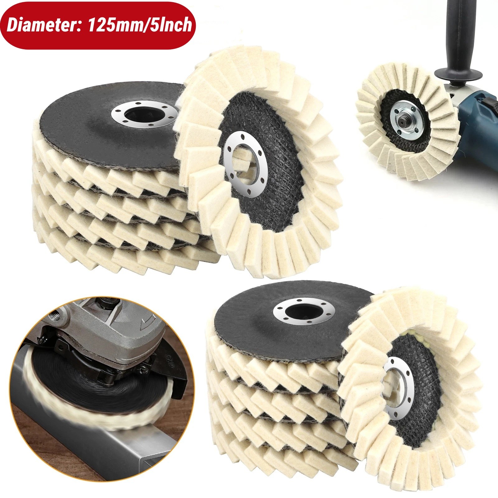 5pcs 5″ Felt Flap Disc Wool Polishing Buffing Wheel Pad for Metal Stone Wood