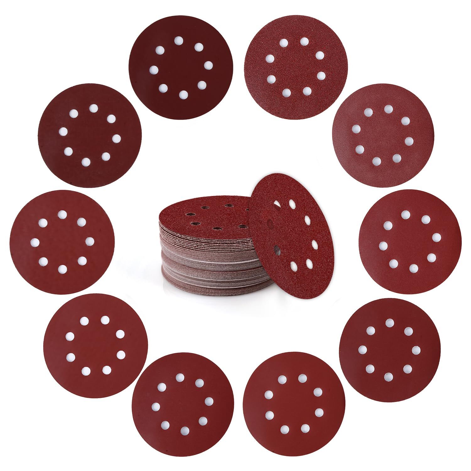 50 Pcs 5 Inch Hook and Loop Sandpaper 8 Hole Sanding Discs for Orbital Sander
