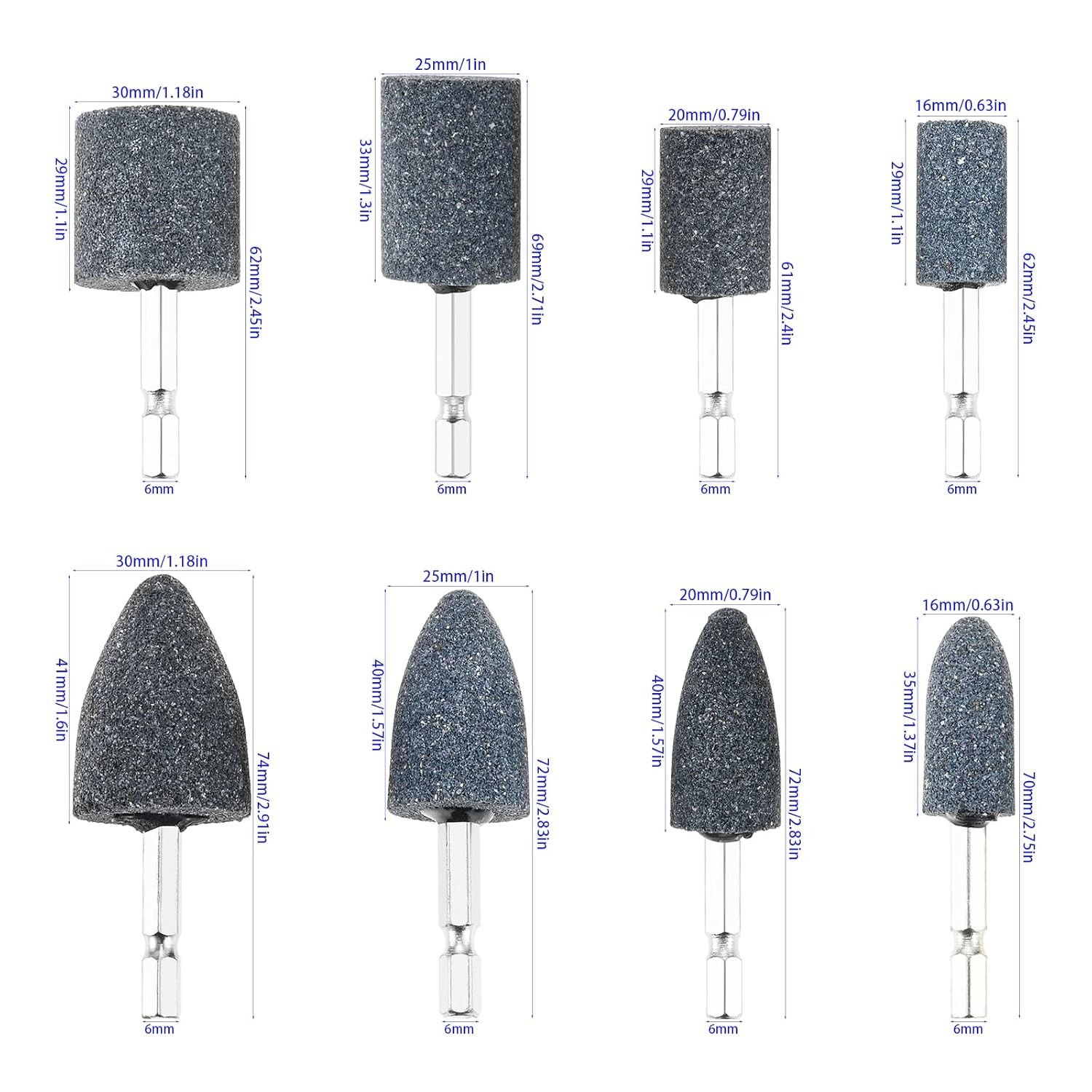 8PCS Assorted Drill Grinding Stones 1/4 Inch Shank Various Shape Aluminum Oxide