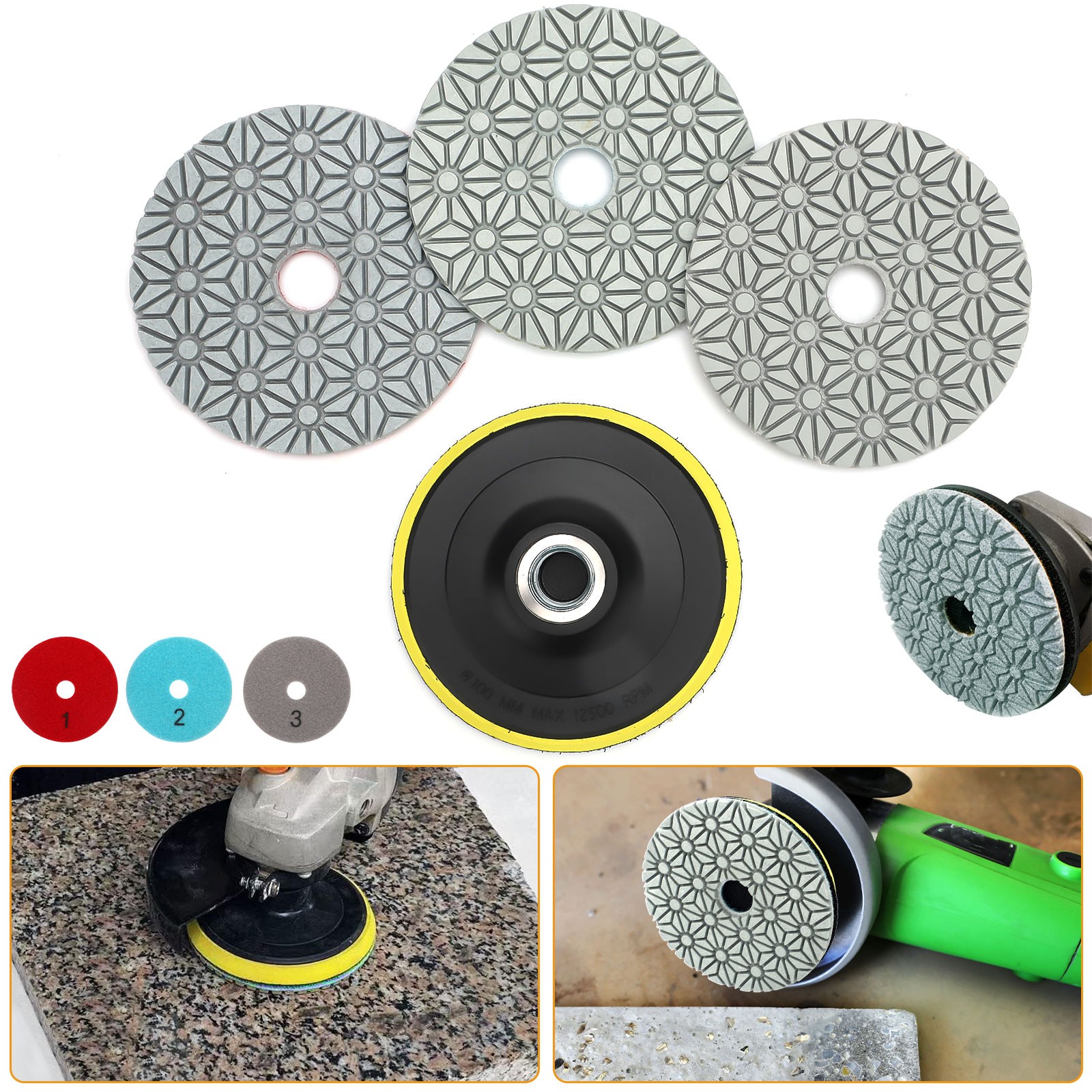 4″ 3-Step Diamond Wet Polishing Pads for Granite Marble Concrete Floor Grinder