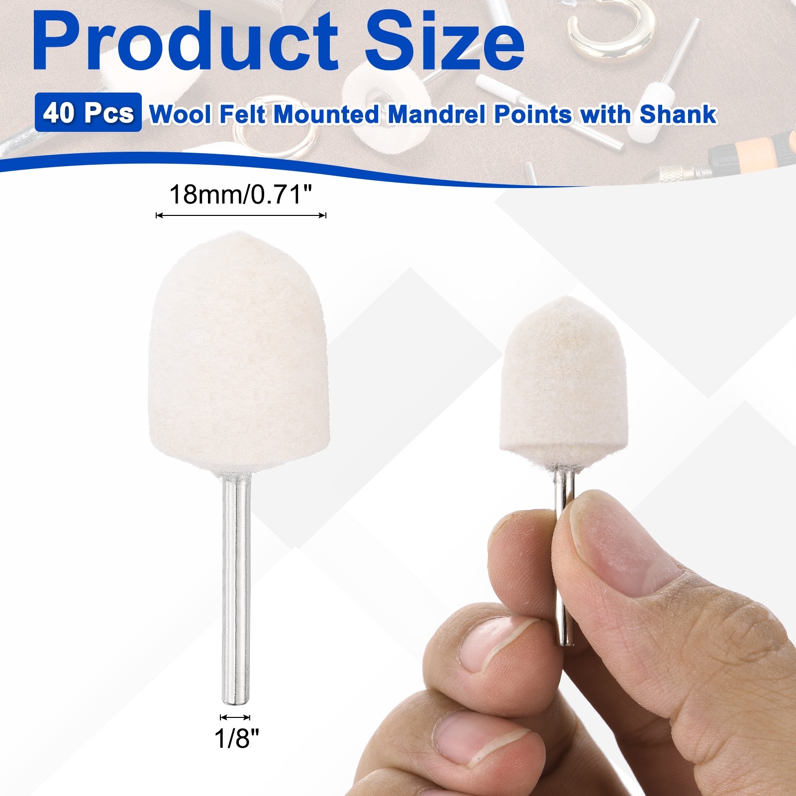 40 Pcs Wool Felt Mounted Mandrel Points 18mm Tapered Head with 1/8″ Shank