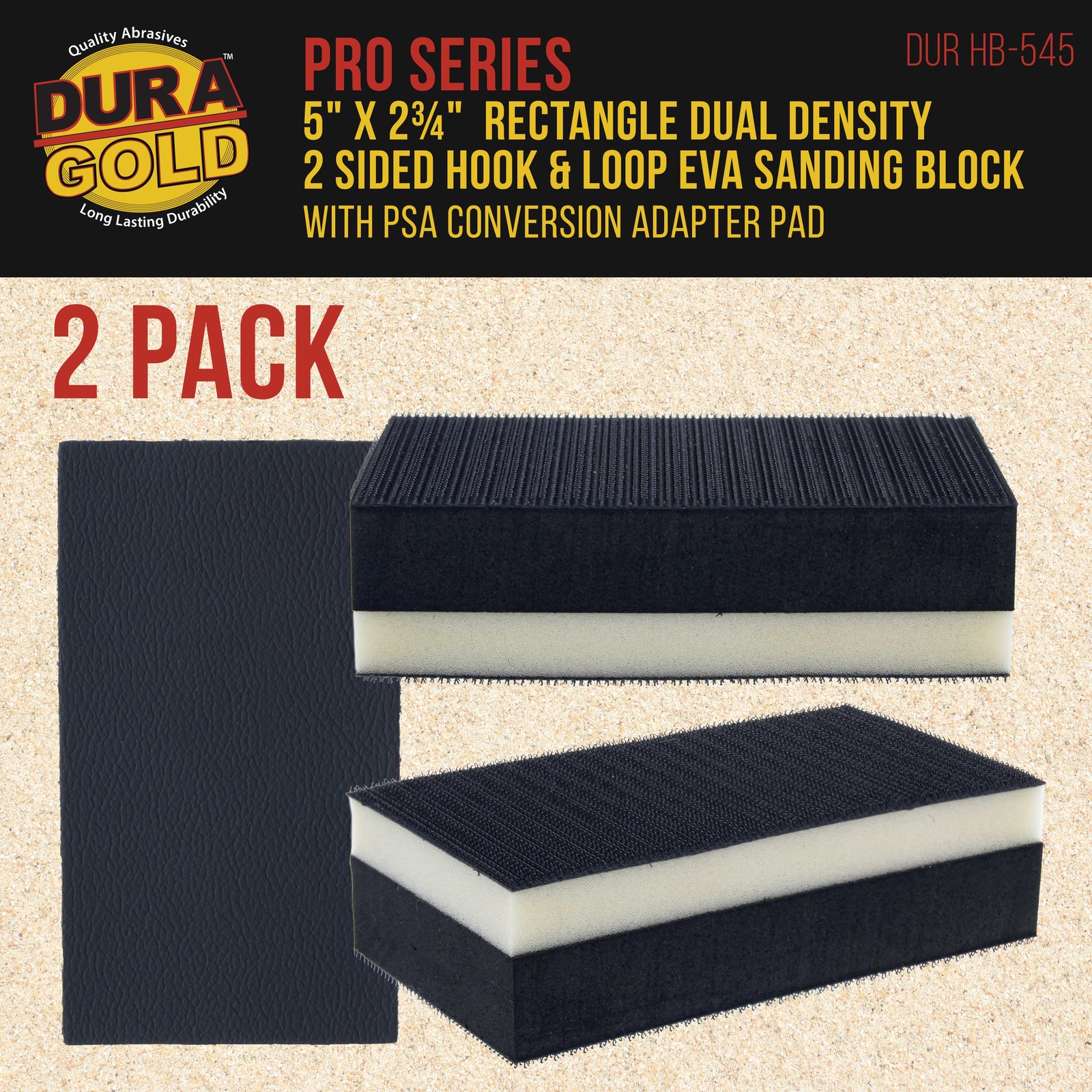 2 Rectangle 5″ Dual Density 2 Sided EVA Hand Sanding Blocks, Hook & Loop, PSA
