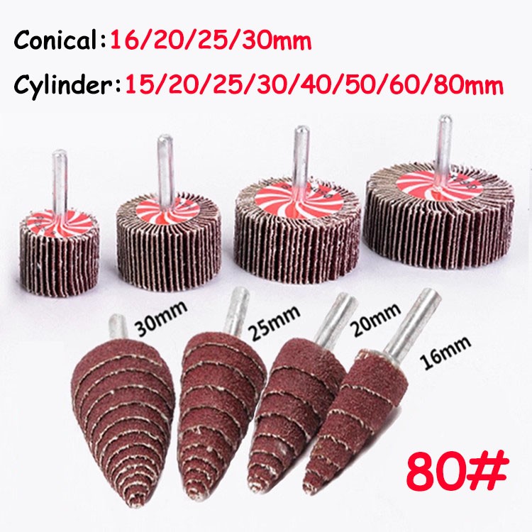15mm-80mm Cylinder/Cone Sanding Flap Wheel Disc 1/4” (6mm) Shank Drill 80 Grit