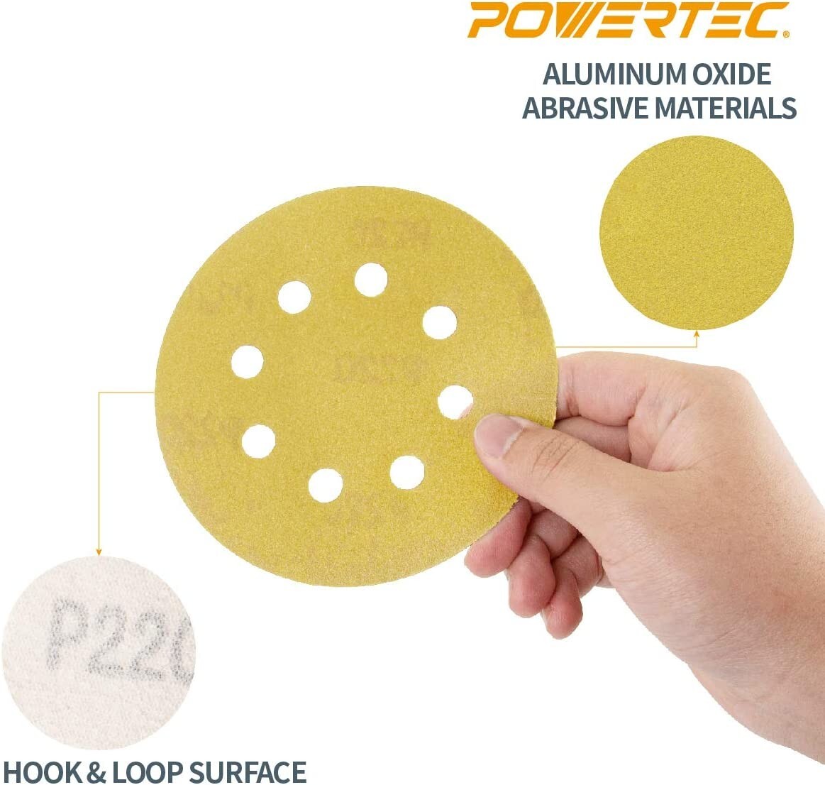 POWERTEC 45222G-50 Gold 6″ Hook and Loop Sanding Disc, 6 Hole, 220 Grit, 50 PK