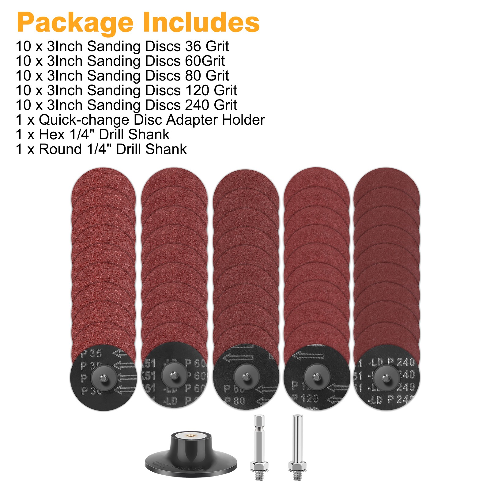 53x 3″ Sanding Disc Roll Lock Quick Change Disc 36/60/80/120/240 Grit 1/4″ Shank