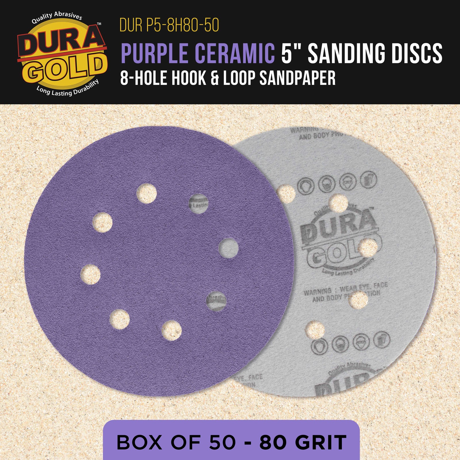 80 Grit 5″ Ceramic Sanding Discs, 8-Hole, Box of 50 – Hook & Loop Sandpaper