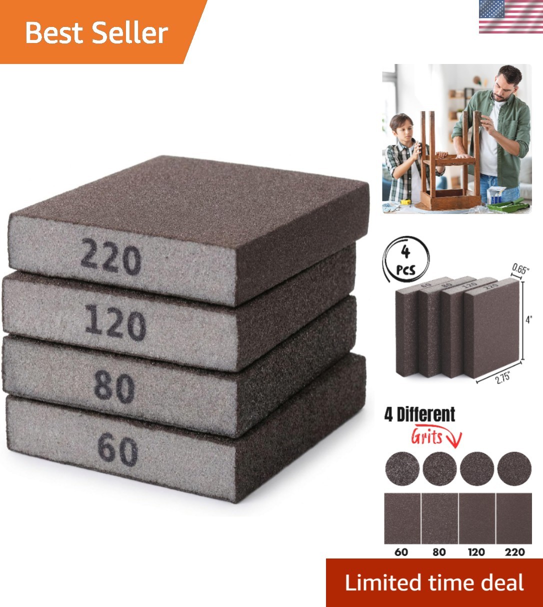 Bates Sanding Sponges, 4-Pack with Grits 60/80/120/220 for Home Projects