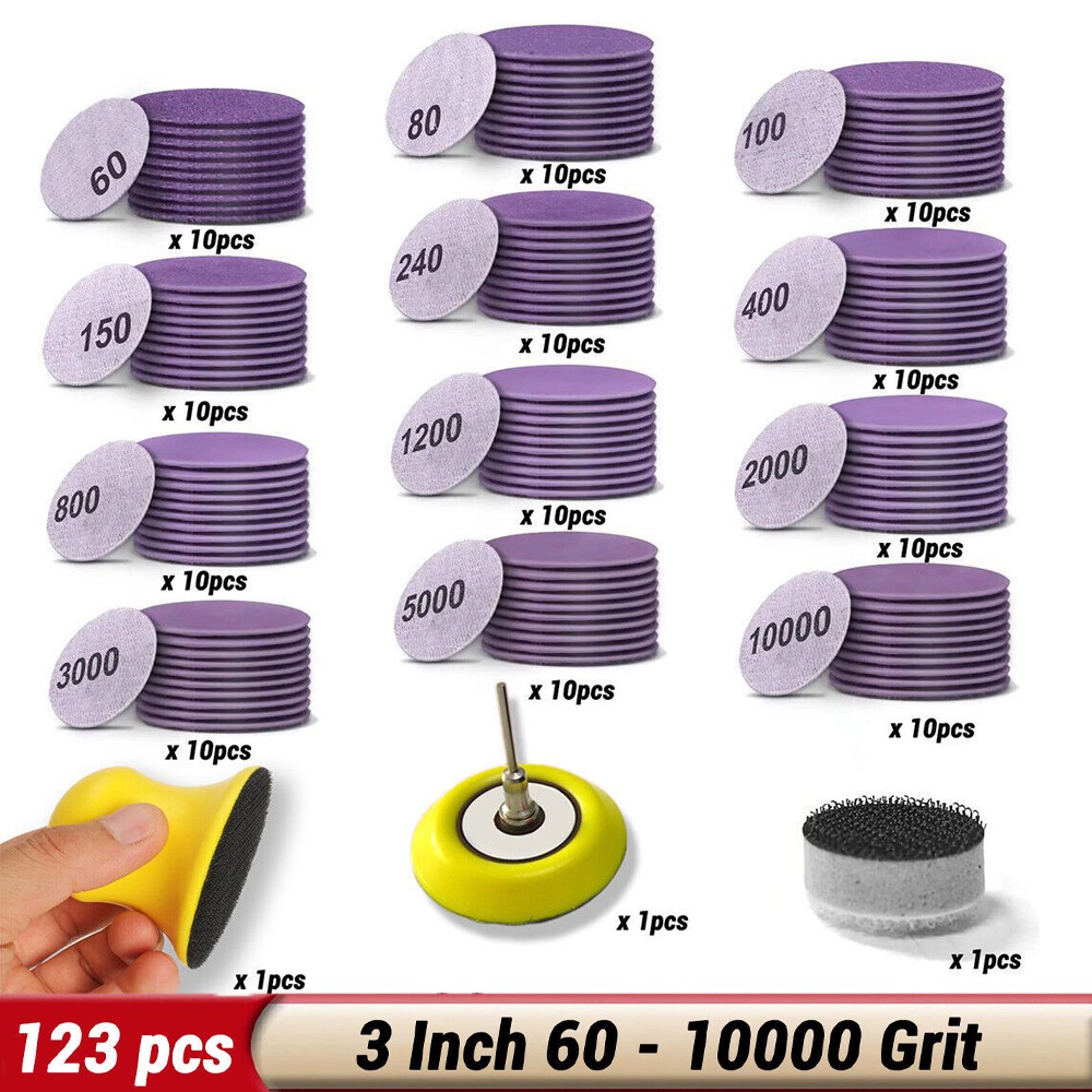 123X 3in Aluminum Oxide Sandpaper 60-10000 Grit Sanding Discs Paper Hook Loop US