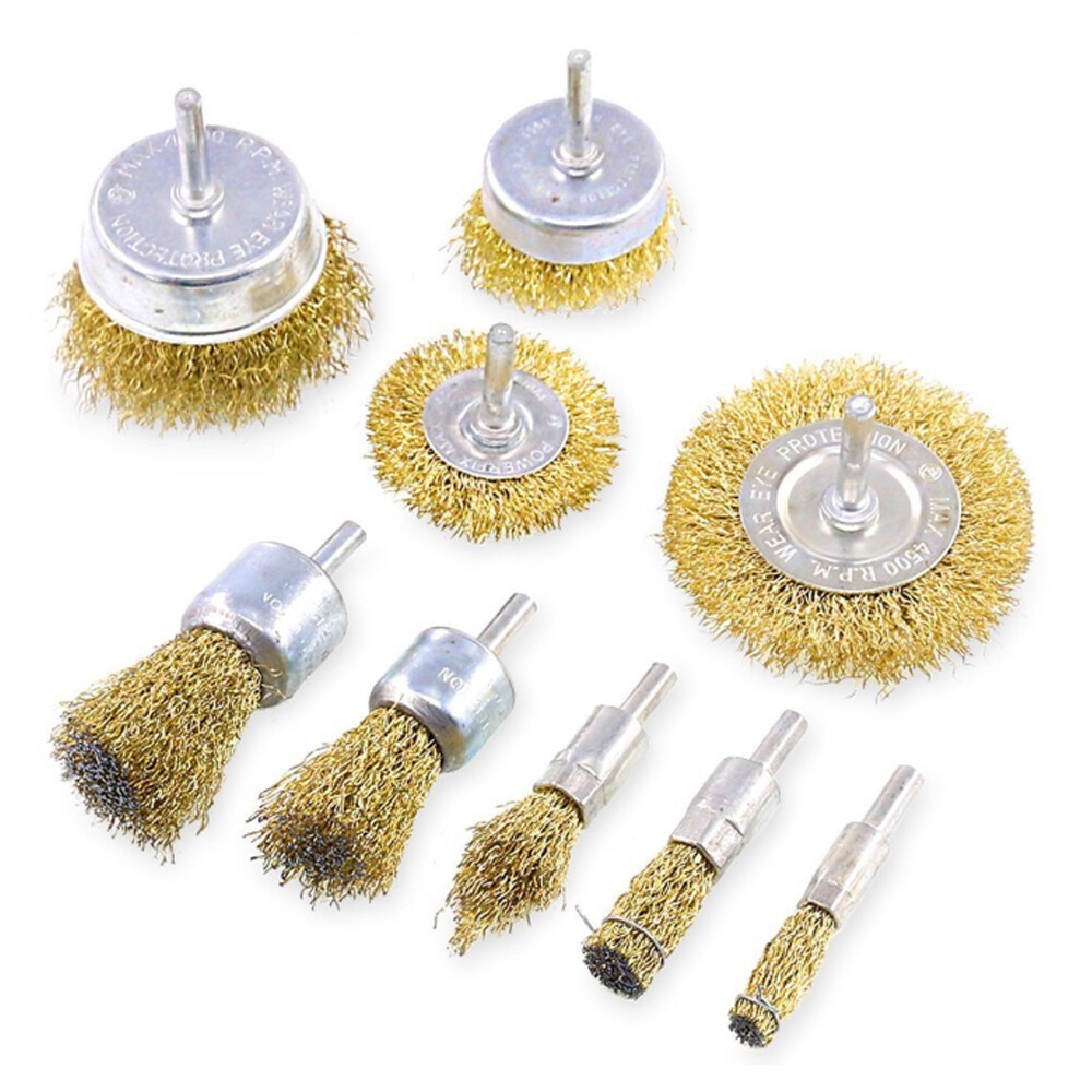 9pcs 1/4” 6mm Steel Wheel Pen Cup Wire Polishing Mix Brush Kit for Rotary Tool