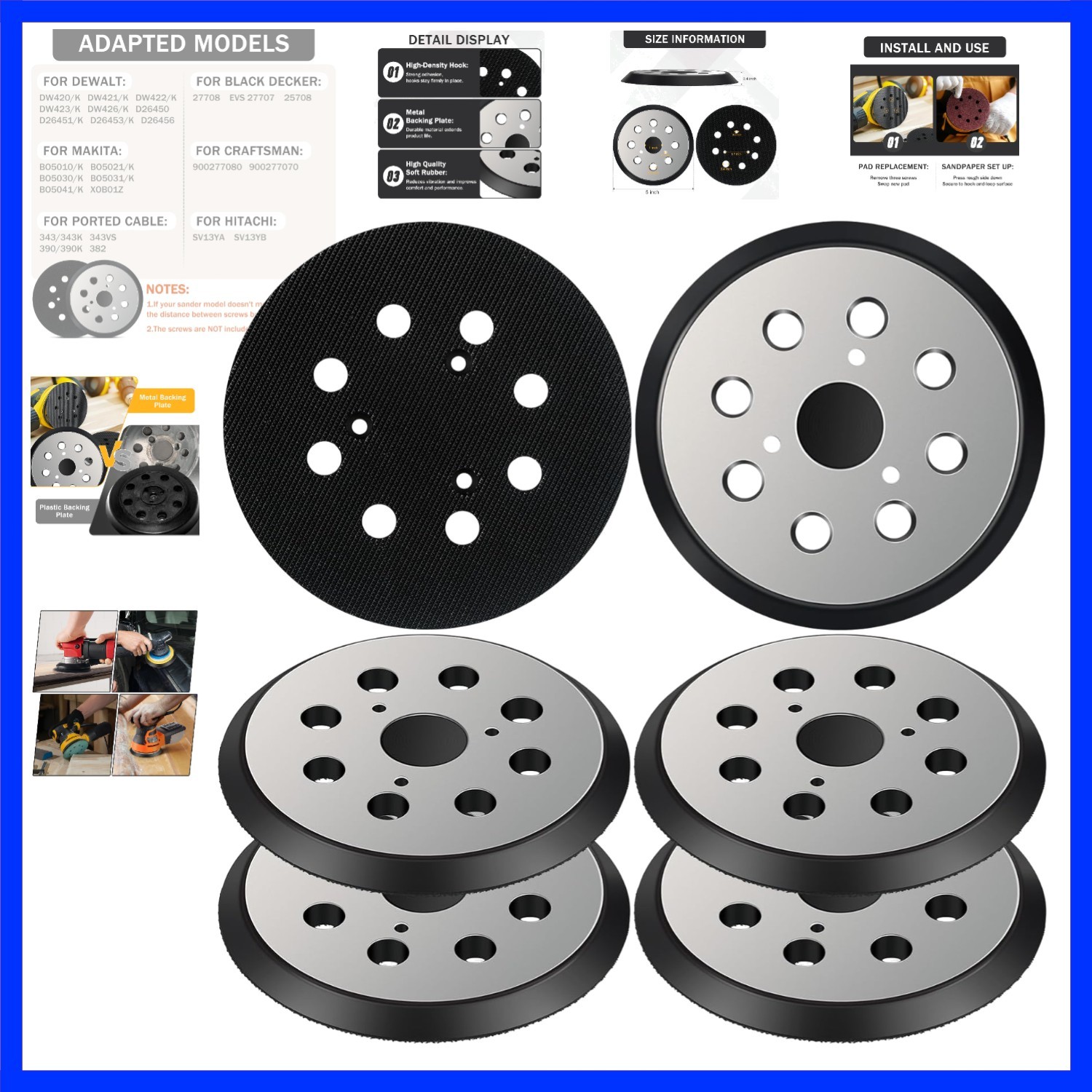 6pcs 5 inch 8 Hole Replacement Sander Pad, 5 Inch Sander Hook and Loop Replac…