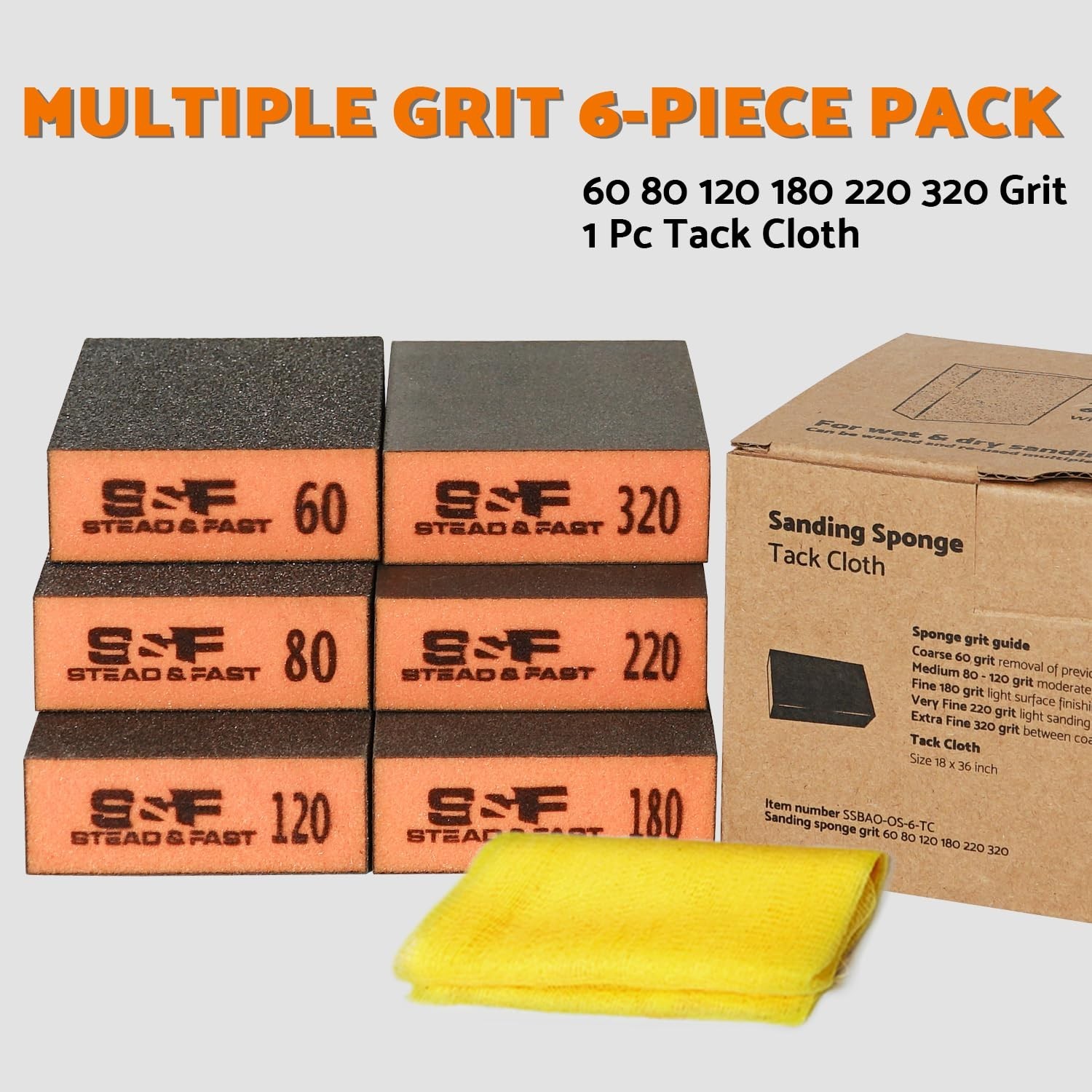 6-Pack Sanding Blocks – Coarse to Fine Grits for Wood, Metal & Drywall Use