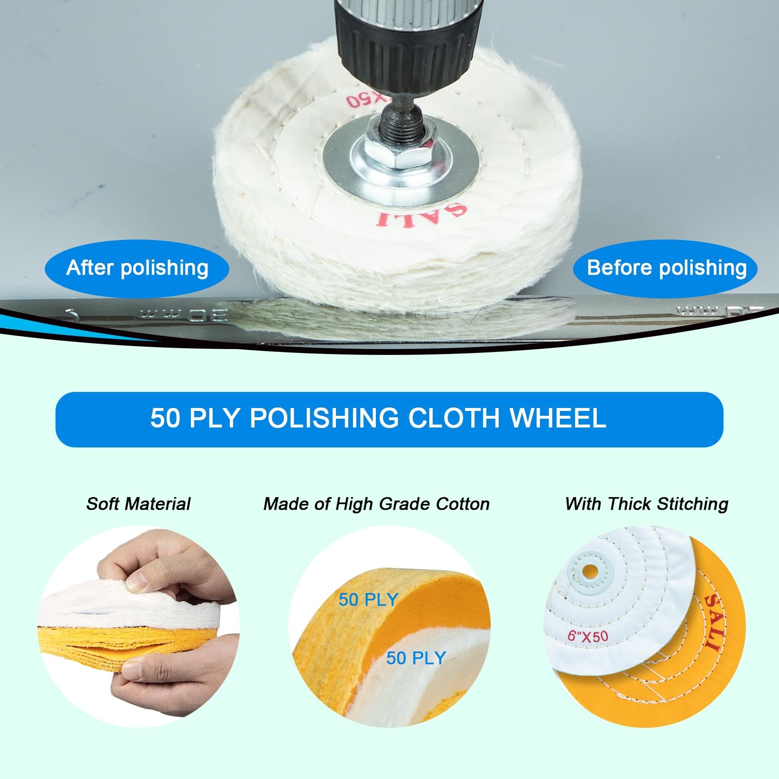 Cotton Buffing Polishing Wheel 4″ 50 Ply for Bench Grinder 1/2″ Arbor 6 Pack