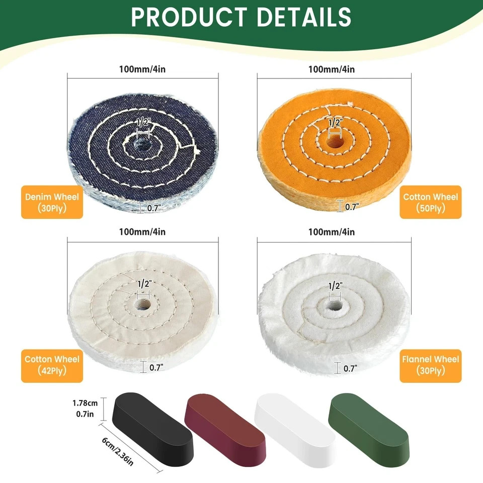 8PCS 4 Inch Buffing & Polishing Wheel Kit for Bench Grinder, 1/2″ Arbor Hole, De