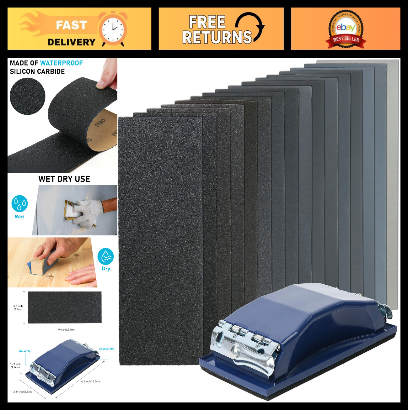 108PCS Sandpaper Assortment 60-5000 Grit, 9×3.6” Wet/Dry Sheets & Block for Poli