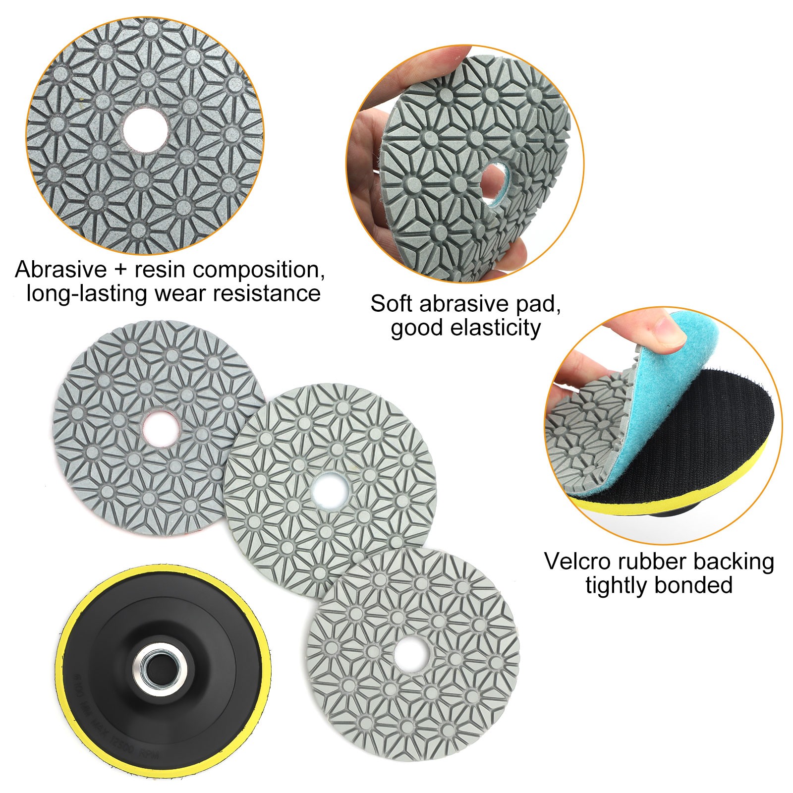 4″ 3-Step Diamond Polishing Pads + Backer for Marble Granite Terrazzo Concrete