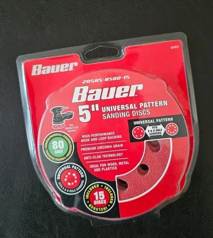 BAUER 5 in., 80-Grit Hook-and-Loop Universal Pattern Sanding Discs, 15-Pack