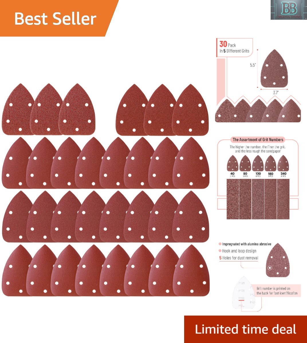 30-Piece Bates Mouse Sander Sandpaper Set – Various Grits for Precision Crafting