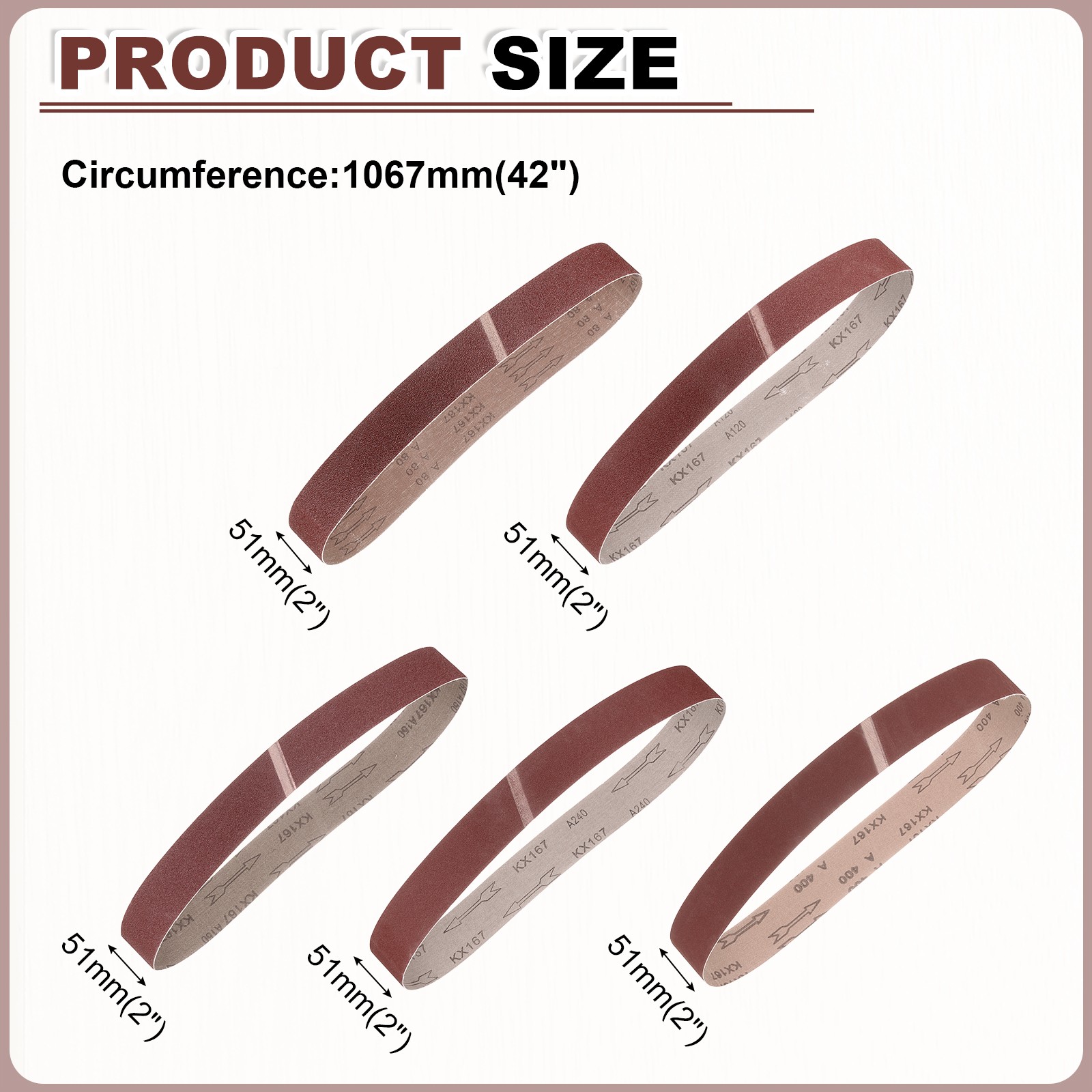 2 x 42 Inch Sanding Belts, 15 Pcs 80/120/150/240/400 Grits Aluminum Oxide
