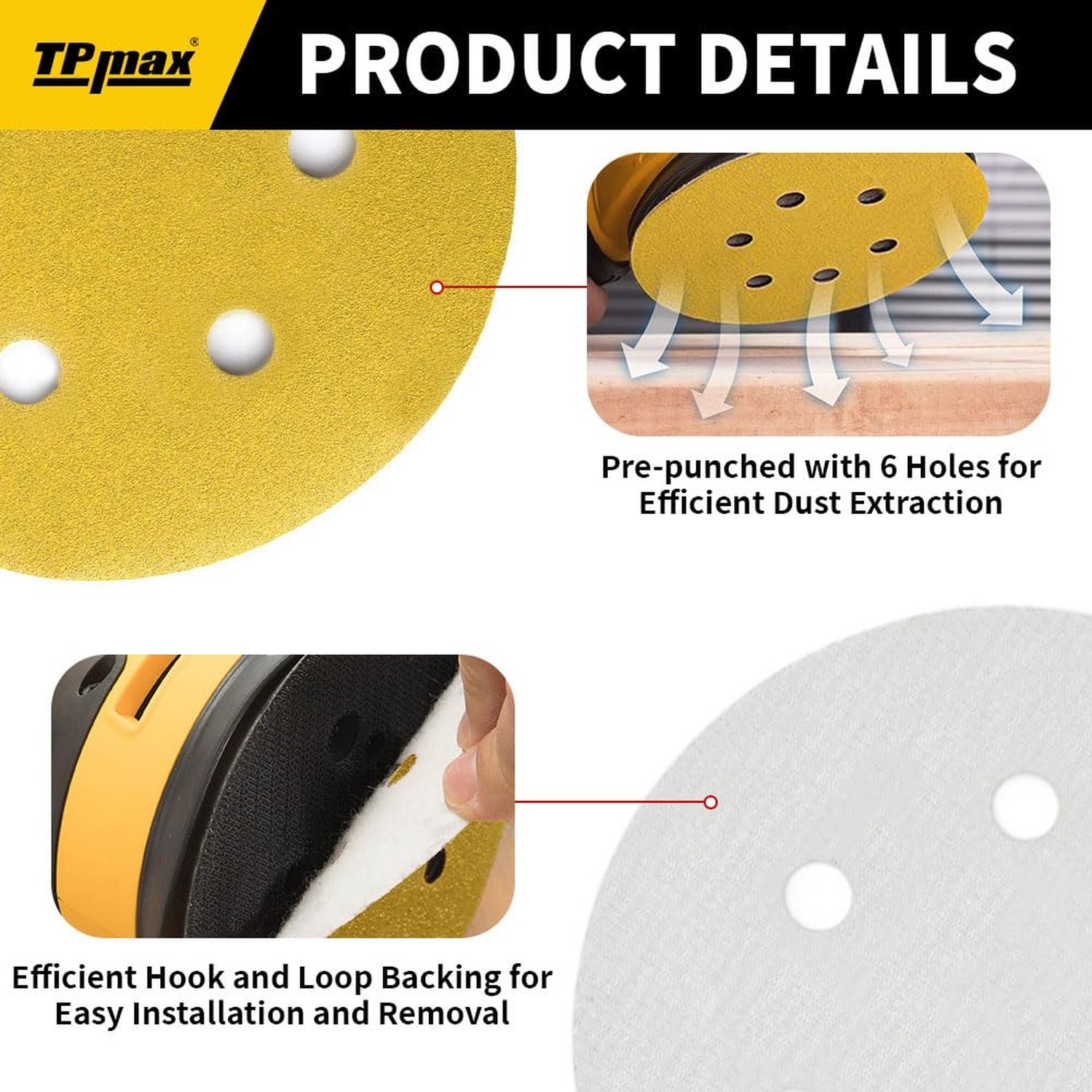 100PCS 6 Inch 150mm 6 Hole Sanding Discs Sandpaper Mixed Grits – Premium Gold…