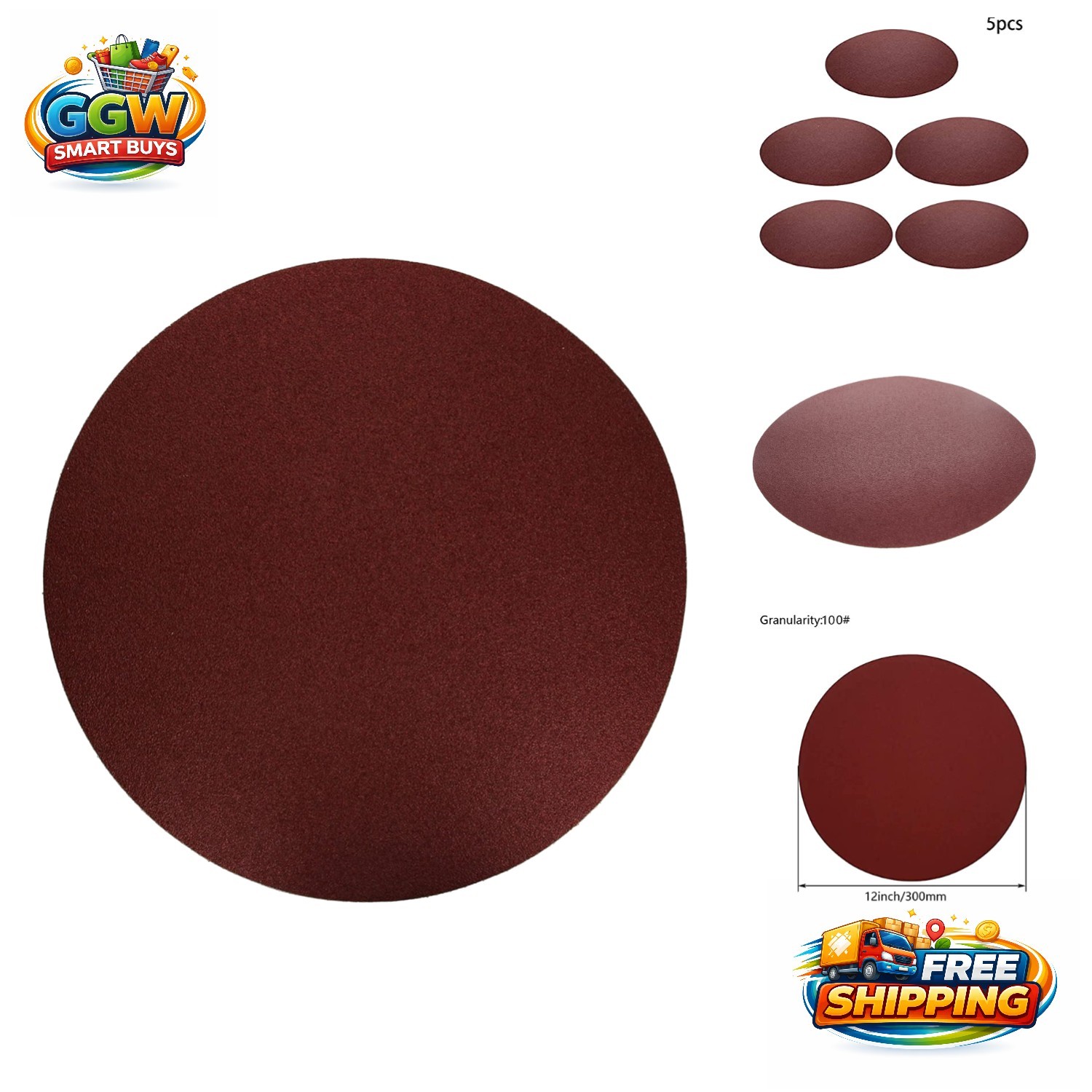 Efficient 12-Inch 100 Grit Sandpaper Discs with Self-Stick Adhesive – 5 Count