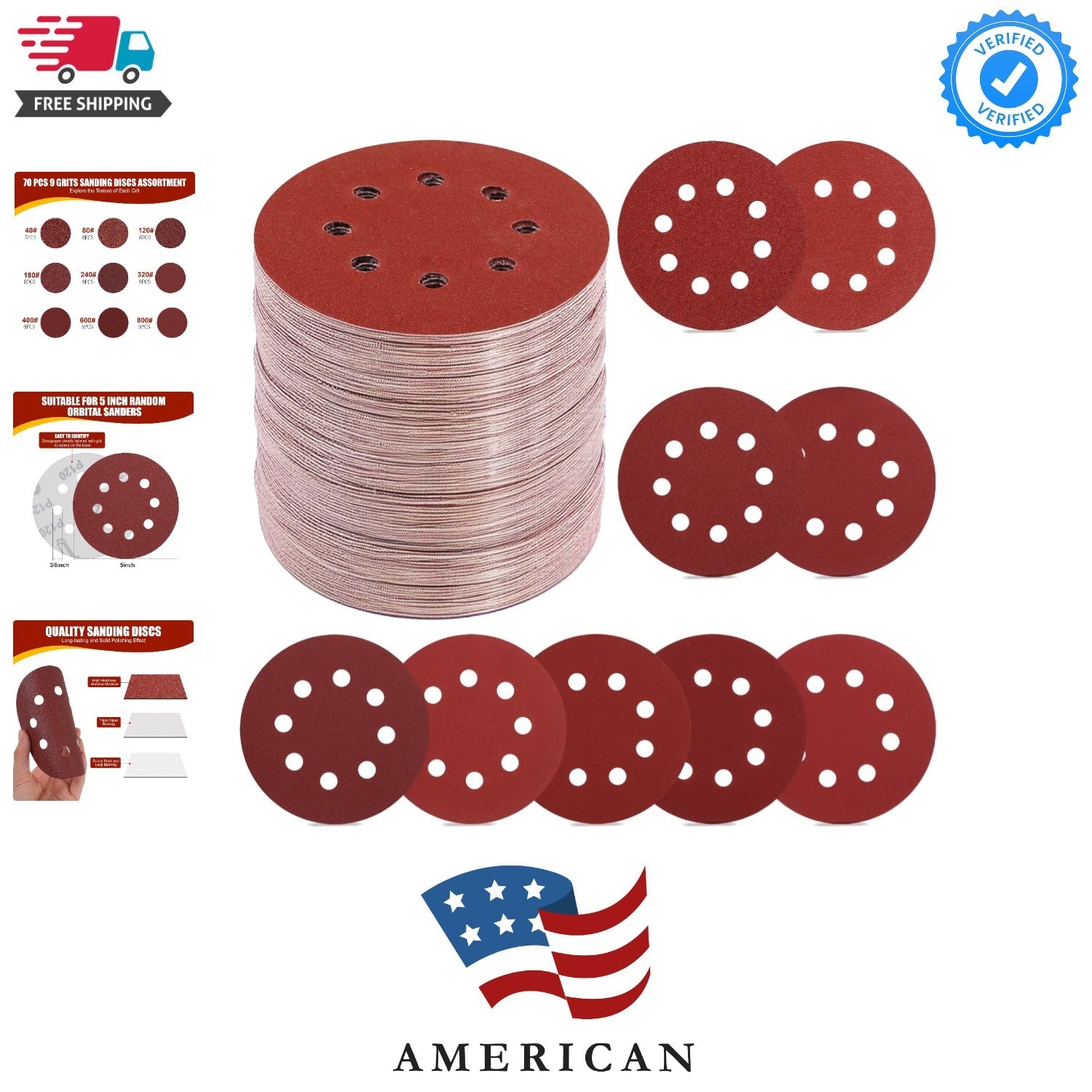 70 PCS 5 Inch 8-Hole Sanding Discs, 9 Mixed Grits | 40 80 120 180 240 320 400…