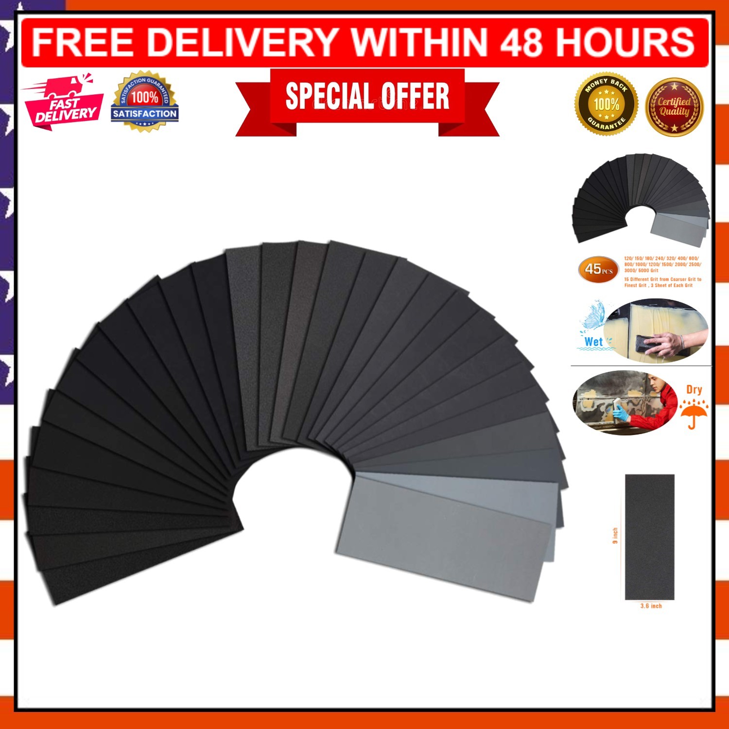45PCS Wet-Dry Sandpaper, 9×3.6 Inches for Metal, Wood & Wet Applications