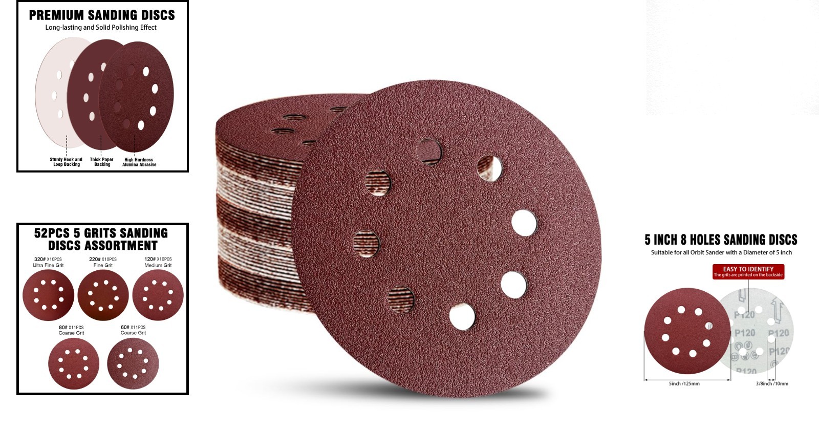 5-Inch Sanding Discs, 52 Pack with 8 Holes for Orbital Sanders – Mixed Grits Set