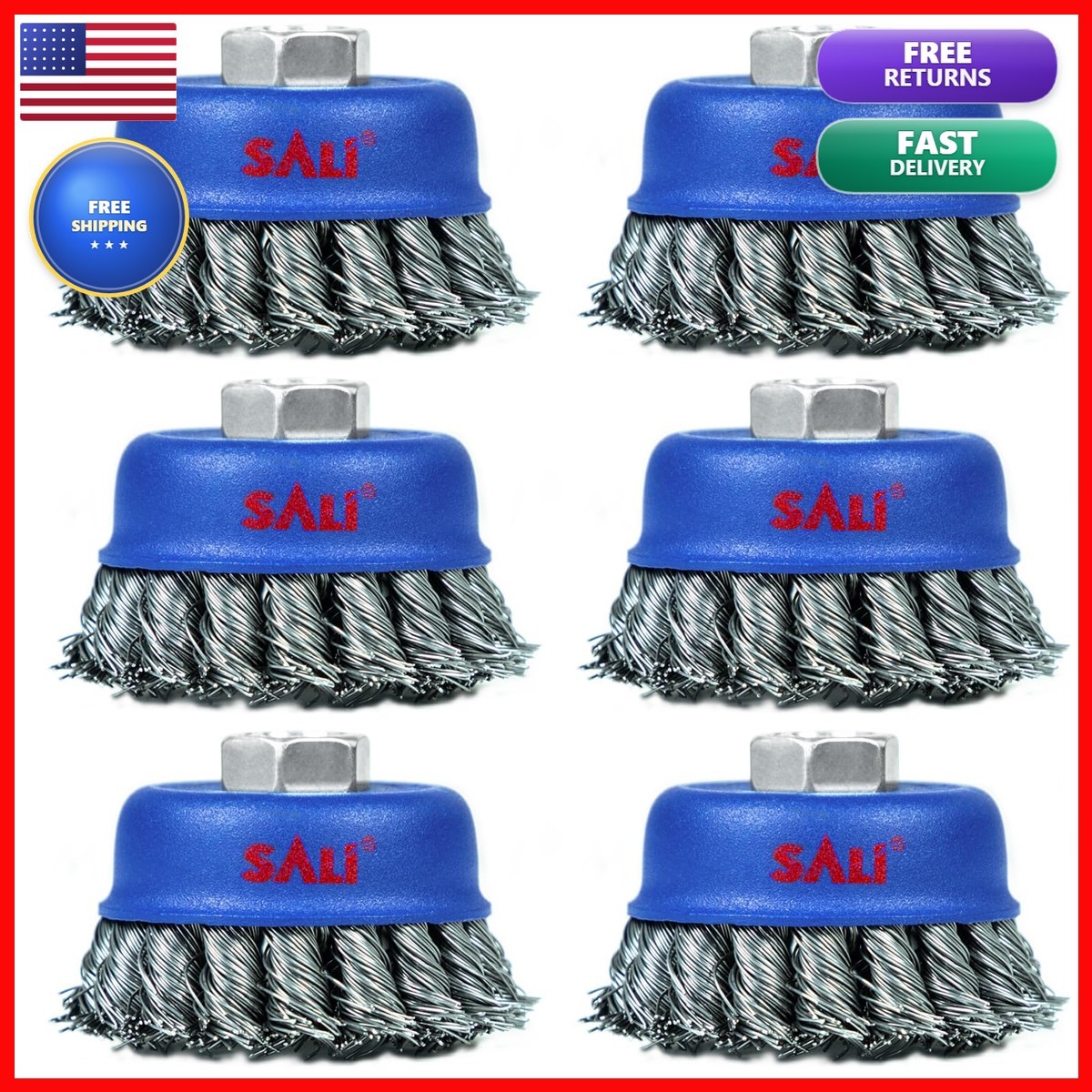 Sali 6 Pack Wire Cup Brush 3 Inch Twisted Knotted Cup Brush For Grinders 5/8-11