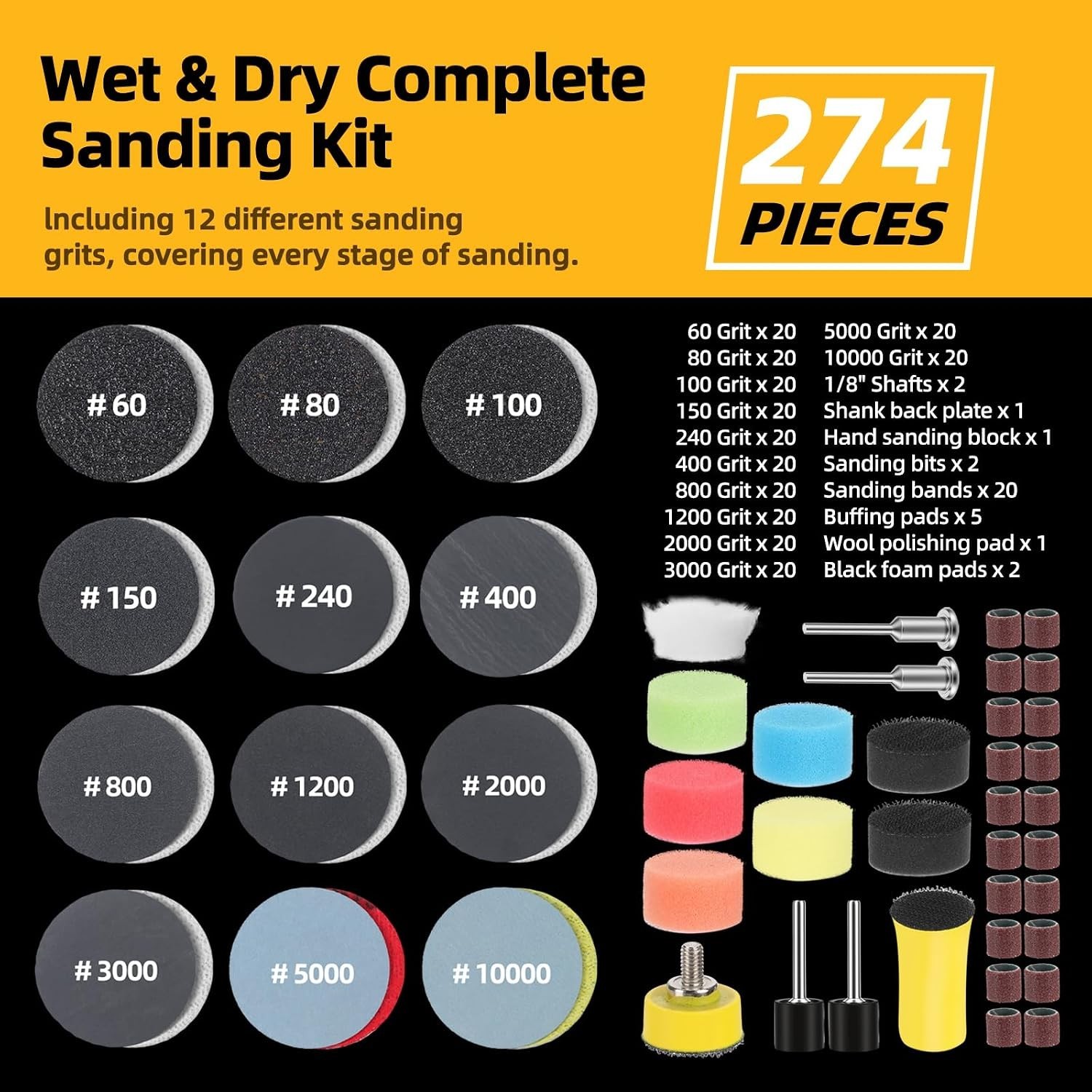 274 PCS 1 Inch Wet Dry Sanding Discs Kit and Drums for Sanding, 60-10000 Grit Ho