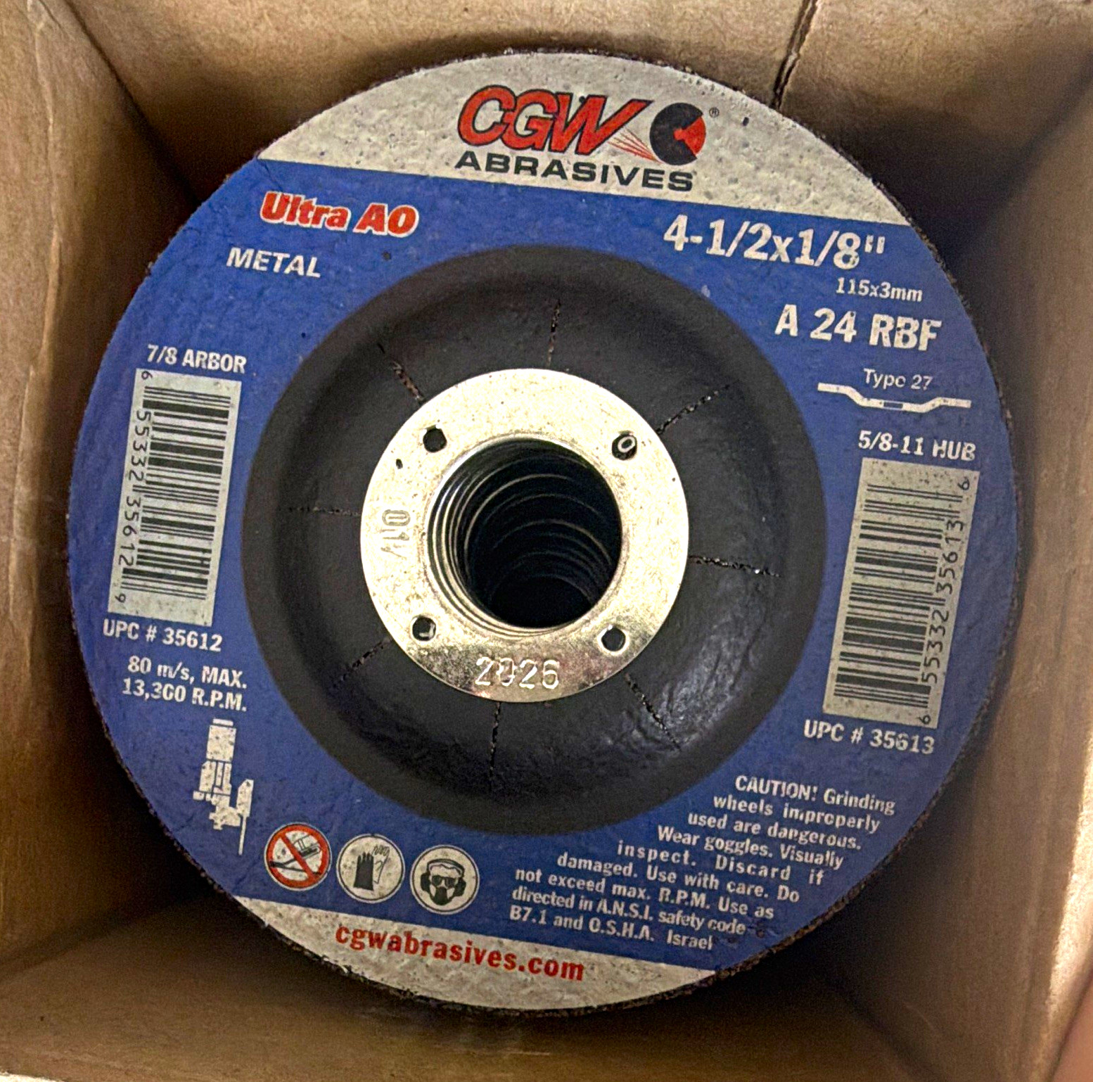 CGW Abrasives Ultra AO Type 27 Metal Grinding Wheel A24 4-1/2×1/8×7/8 25pk 35612