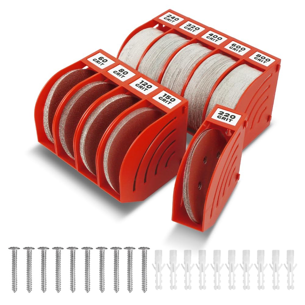 gostle 6 Inch Sanding Disc Storage Box, Sandpaper Organizer with 10 bins, Red