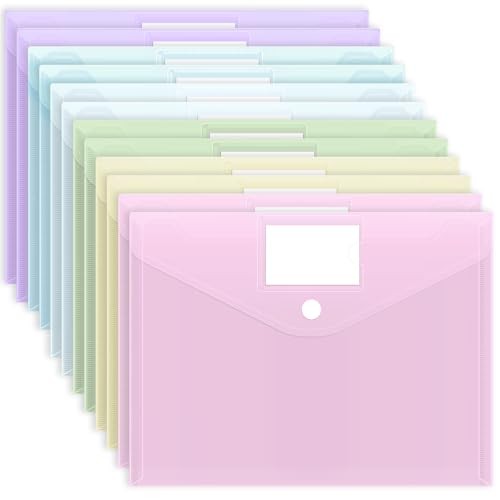 Plastic Envelopes, Plastic Folders for Documents, Hook & Loop Pastel 12pcs