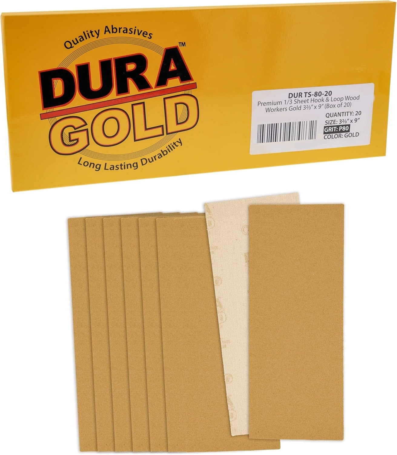 Dura-Gold 80 Grit 1/3 Sheet Gold Sandpaper—Box of 20 for Ultimate Performance