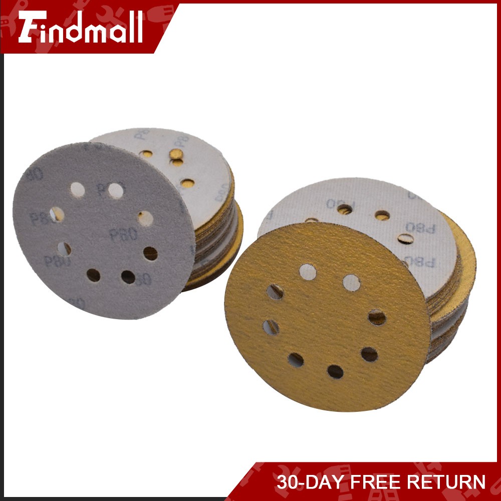 Findmall 100 Pieces 5 Inch 8-Hole 80 Grit Hook and Loop Sanding Discs
