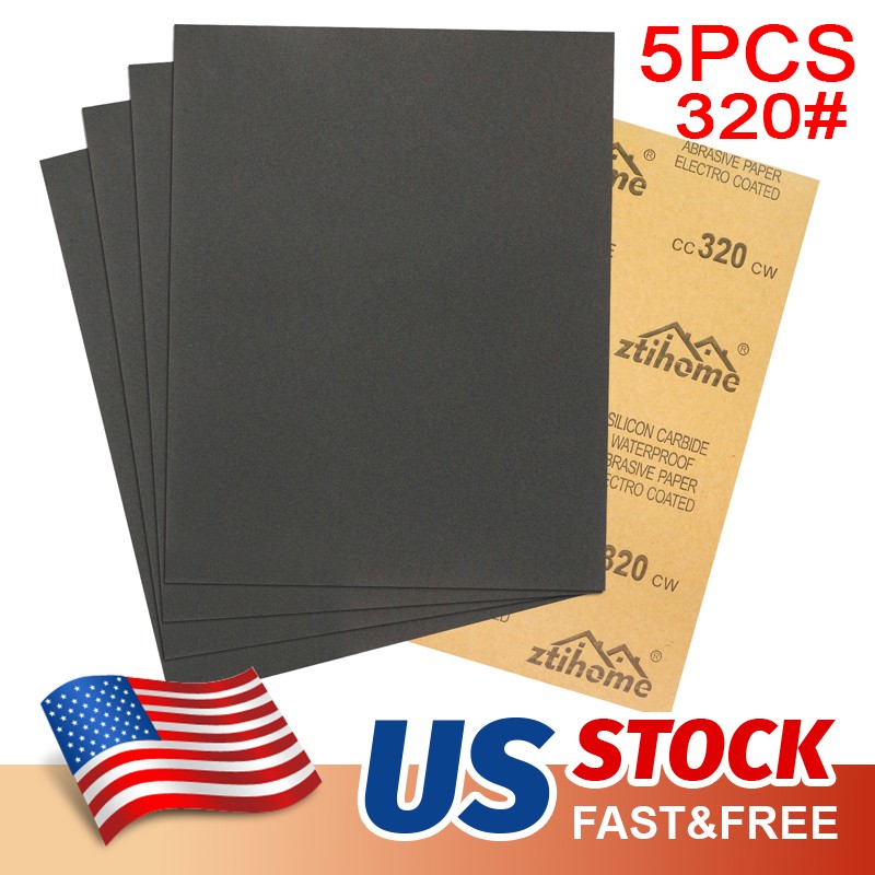 5Pc 9*11 Wet Dry Sandpaper Sheets Silicon Carbide 320 Grit Waterproof Automotive