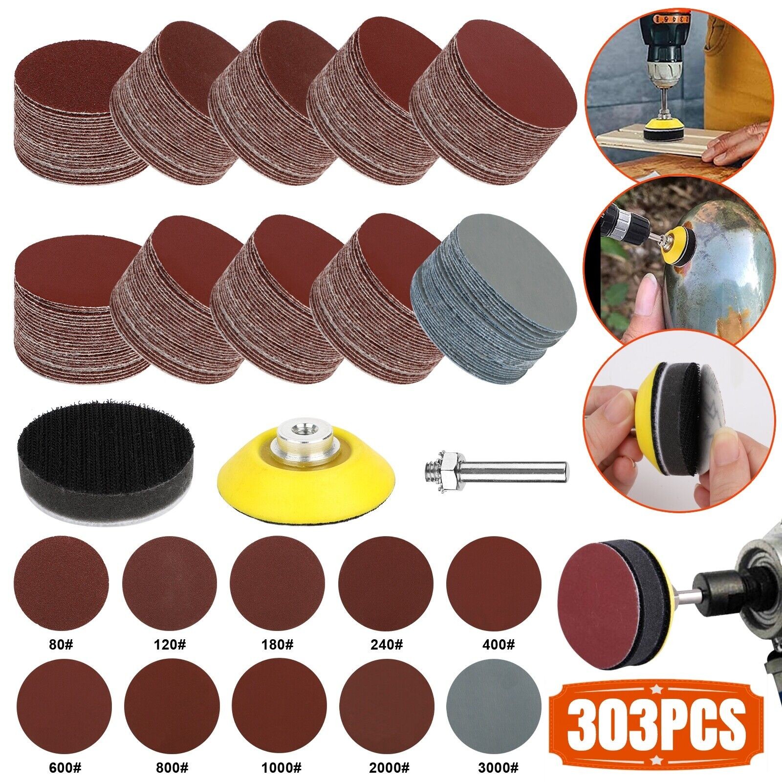 303Pcs 2″ Sanding Disc Sand Paper Hook Loop Sander+ Backer Pad+ M6 Drill Adapter