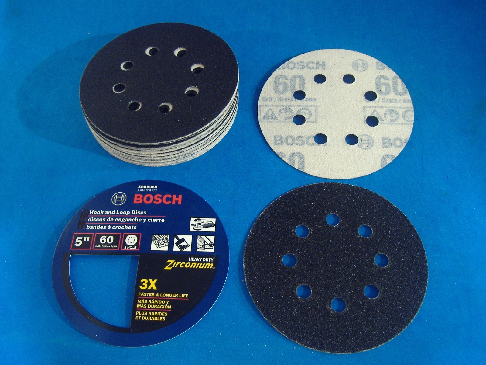 LOT OF 25 HOOK & LOOP 5″ SANDING DISCS 8 HOLE BOSCH 60 GRIT 3X ZIRCONIUM
