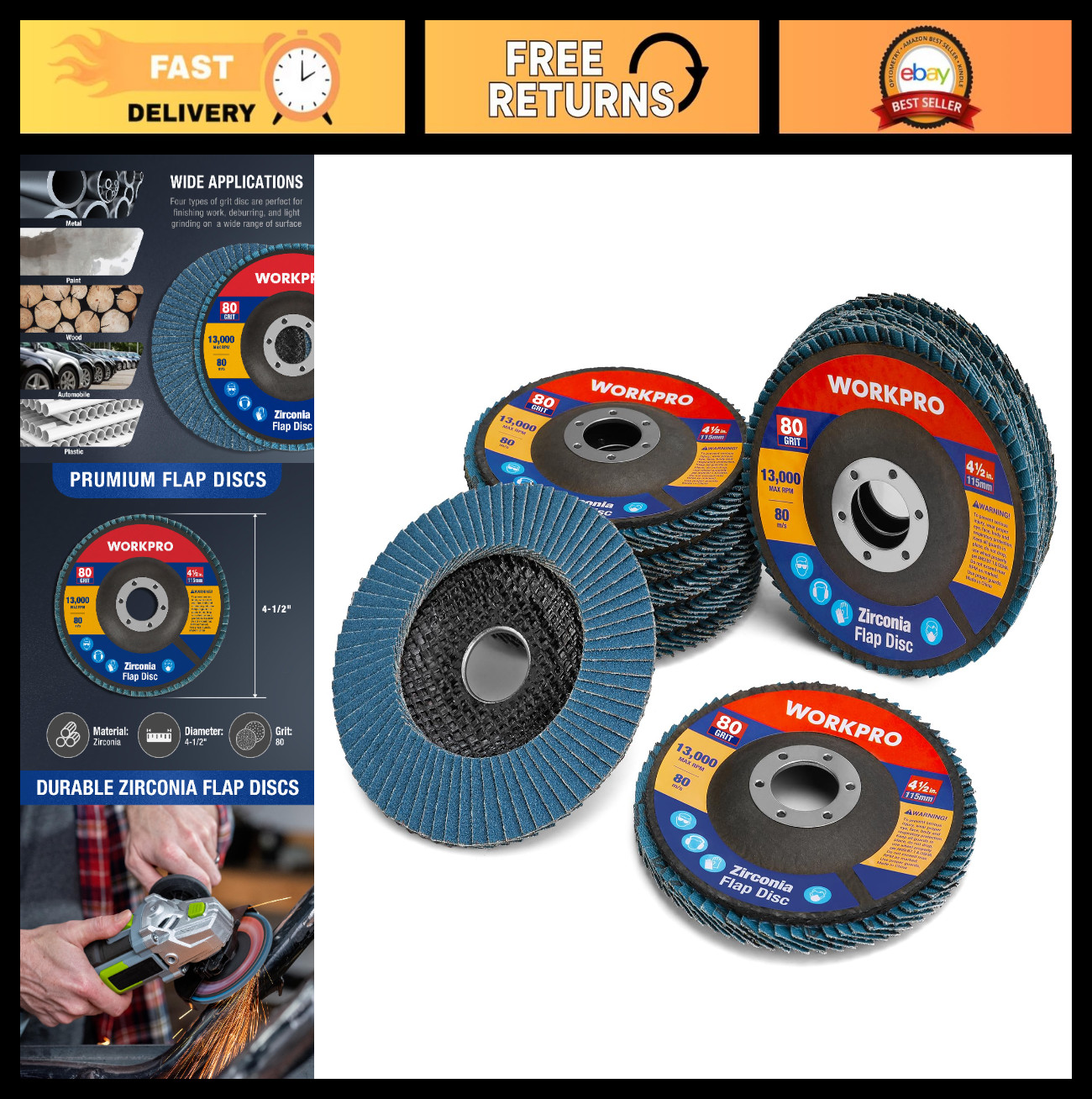10-Pack 4.5″ Flap Discs – T29 Zirconia Abrasive Grinding Wheels, 80 Grit, 7/8″ A